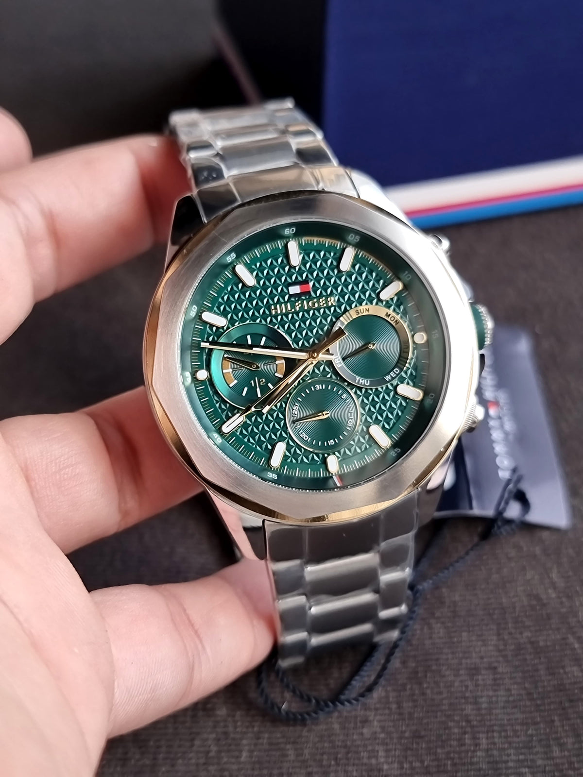 Tommy Hilfiger Silver Stainless Steel Green Dial Chronograph Quartz Watch for Gents 1710651