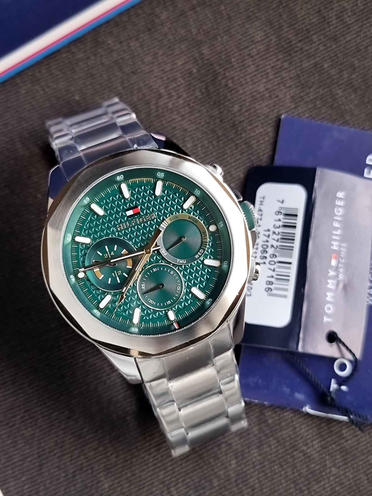 Tommy Hilfiger Silver Stainless Steel Green Dial Chronograph Quartz Watch for Gents 1710651