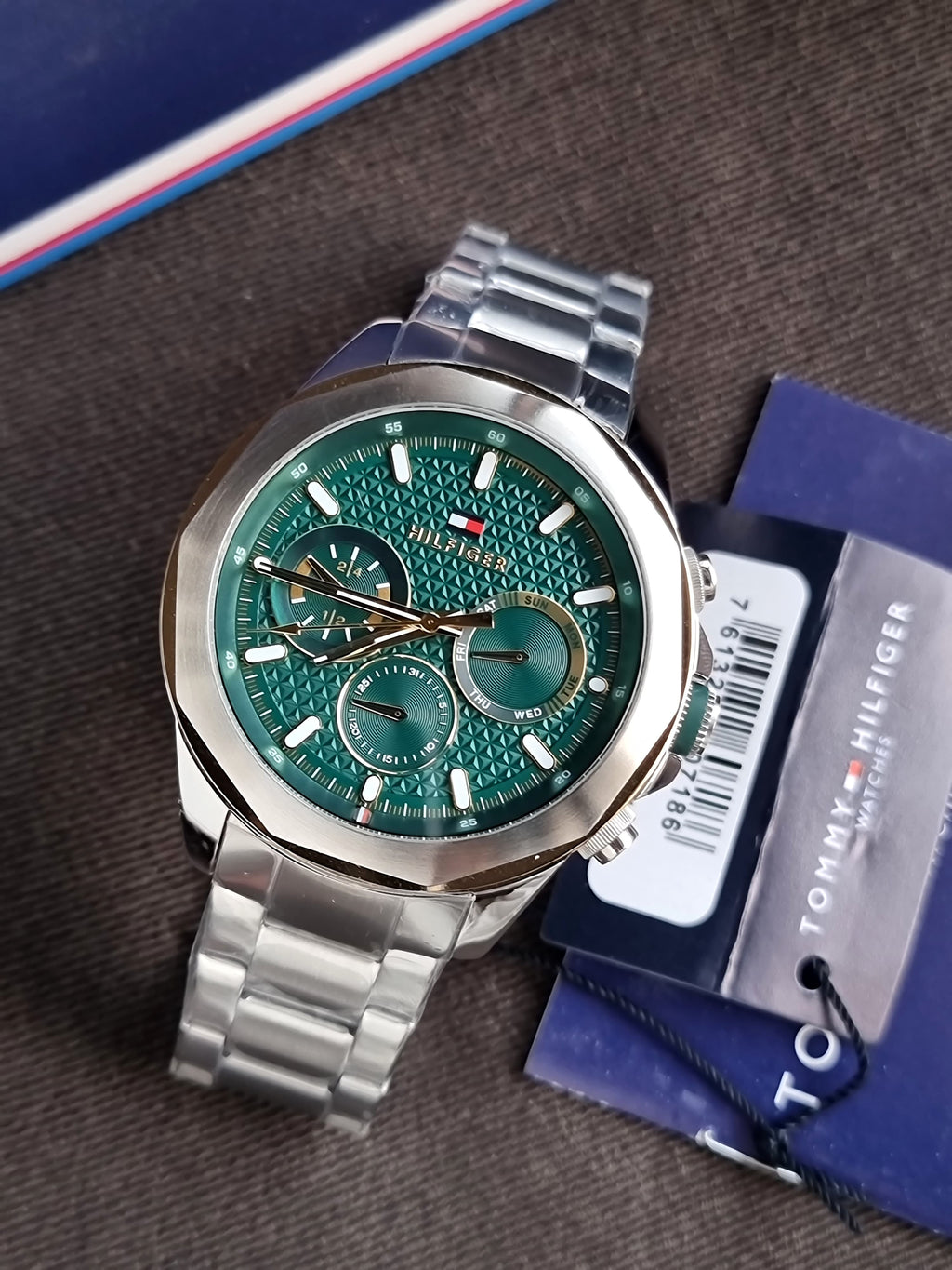 Tommy Hilfiger Silver Stainless Steel Green Dial Chronograph Quartz Watch for Gents 1710651
