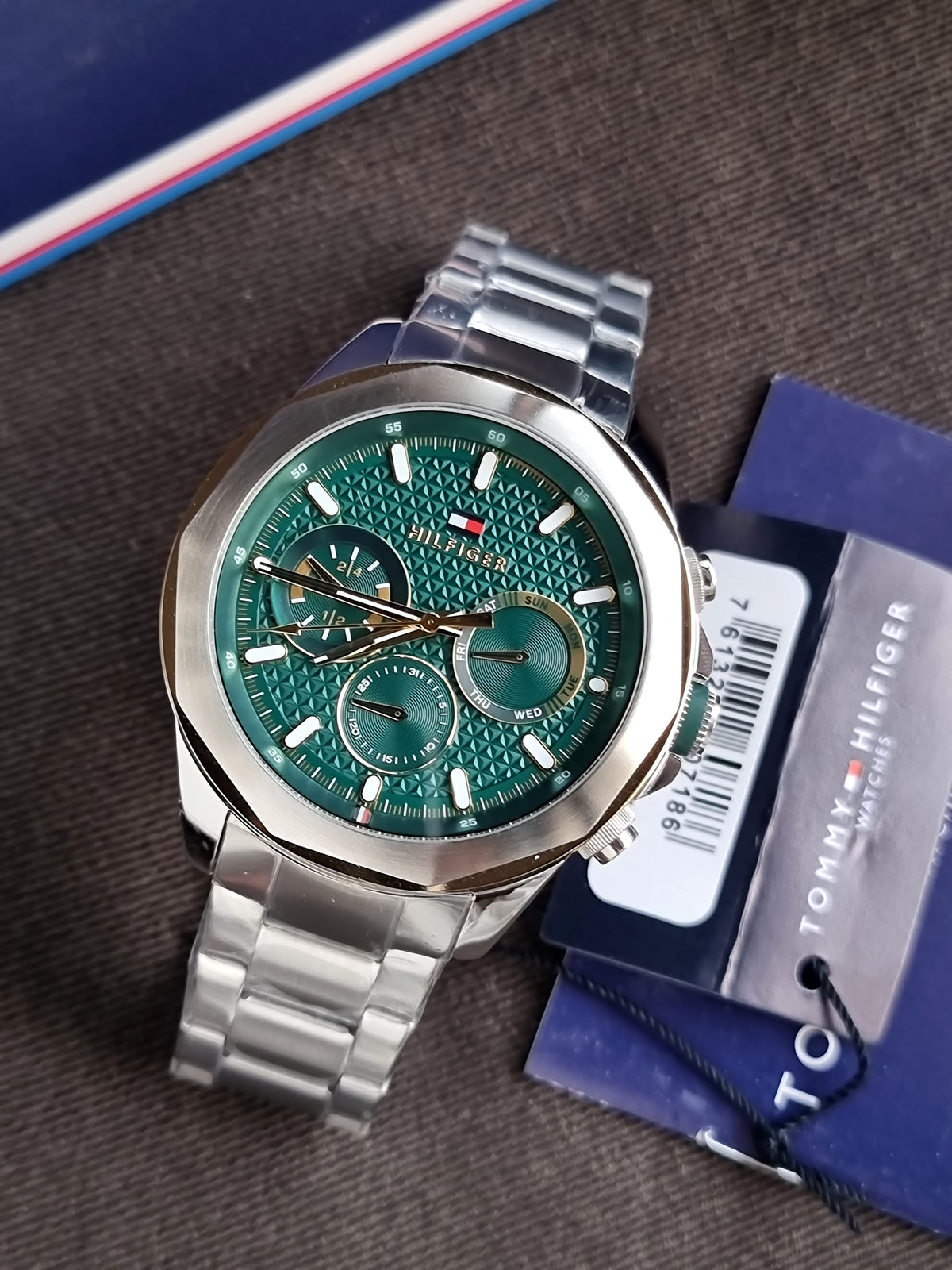 Tommy Hilfiger Silver Stainless Steel Green Dial Chronograph Quartz Watch for Gents 1710651