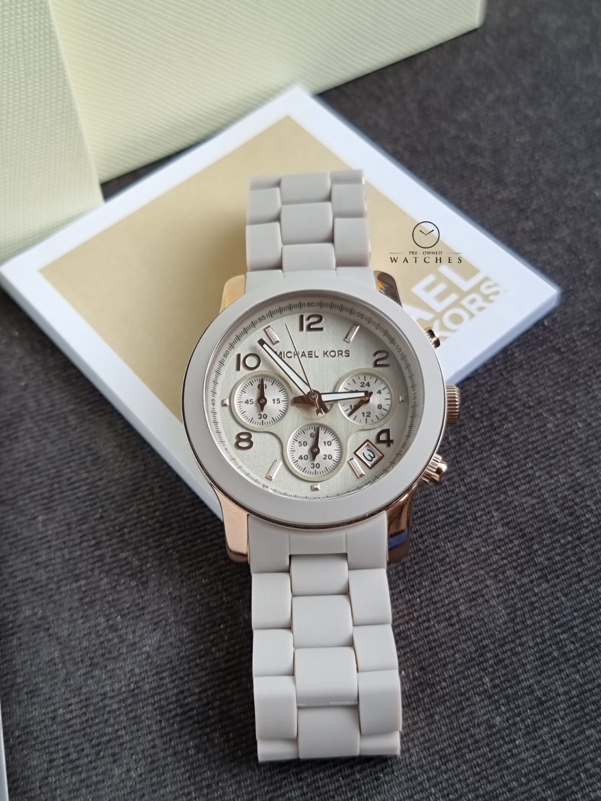Michael Kors Runway Chronograph 38mm Rose Gold-Tone Mk7386 Stainless Steel and white Silicone Watch