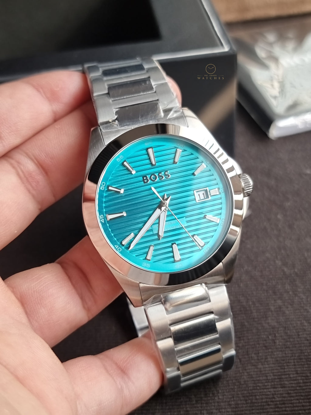 Hugo Boss Strike Silver-tone Chain Grooved Turquoise 41mm Dial Men's Watch 1514171