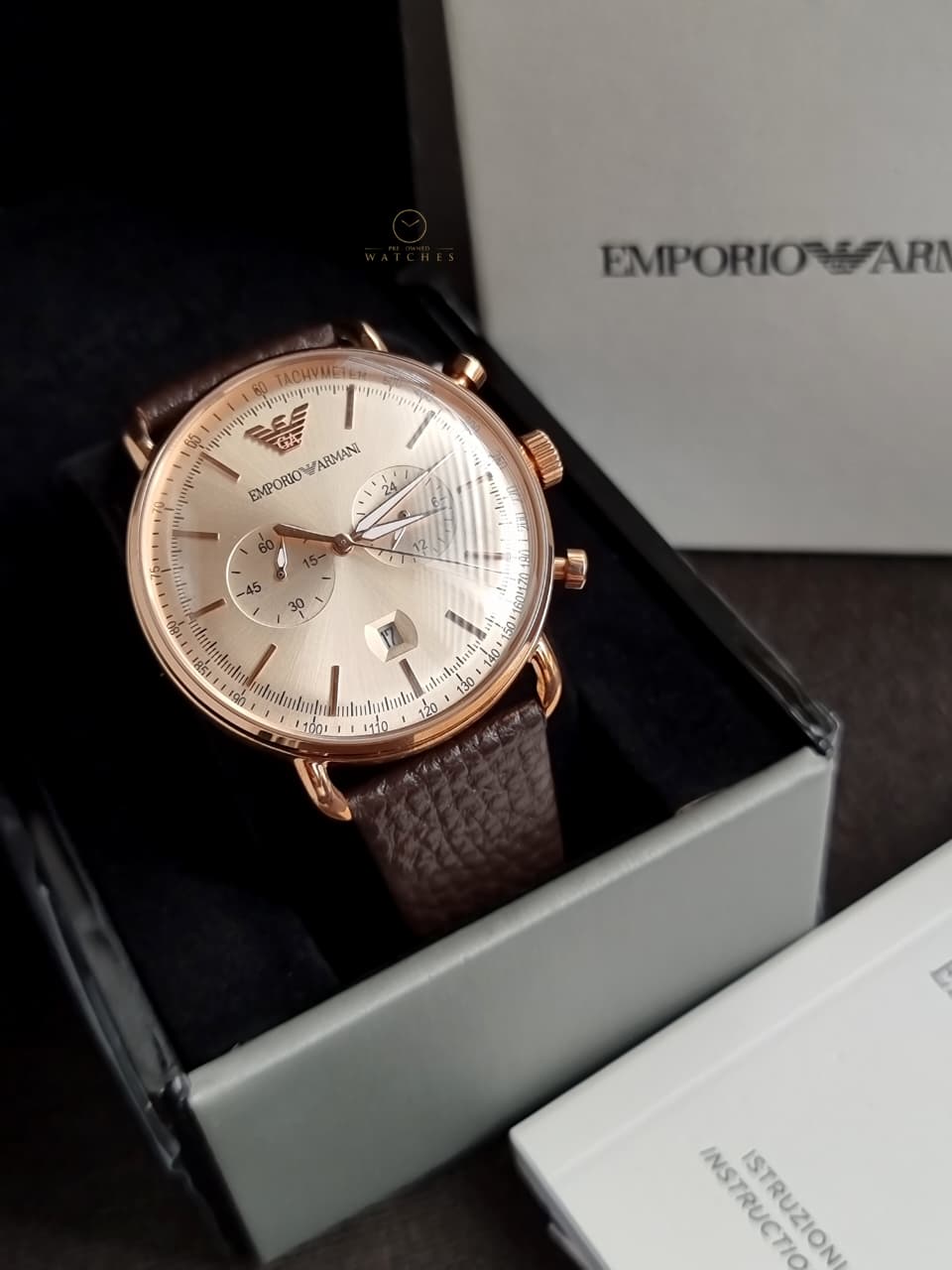 Emporio Armani Men’s Chronograph Quartz Brown Leather Strap Rose Gold Shine Dial 43mm Watch AR11106