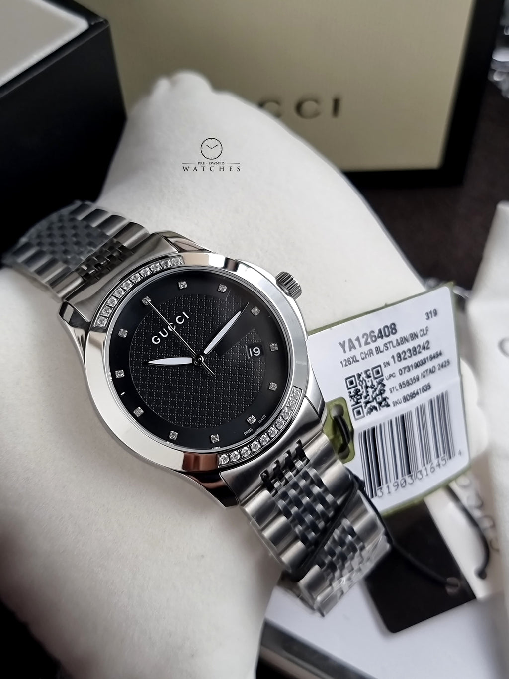 Gucci Men’s Swiss Made Quartz Silver Stainless Steel Black Dial 38mm Watch YA126408