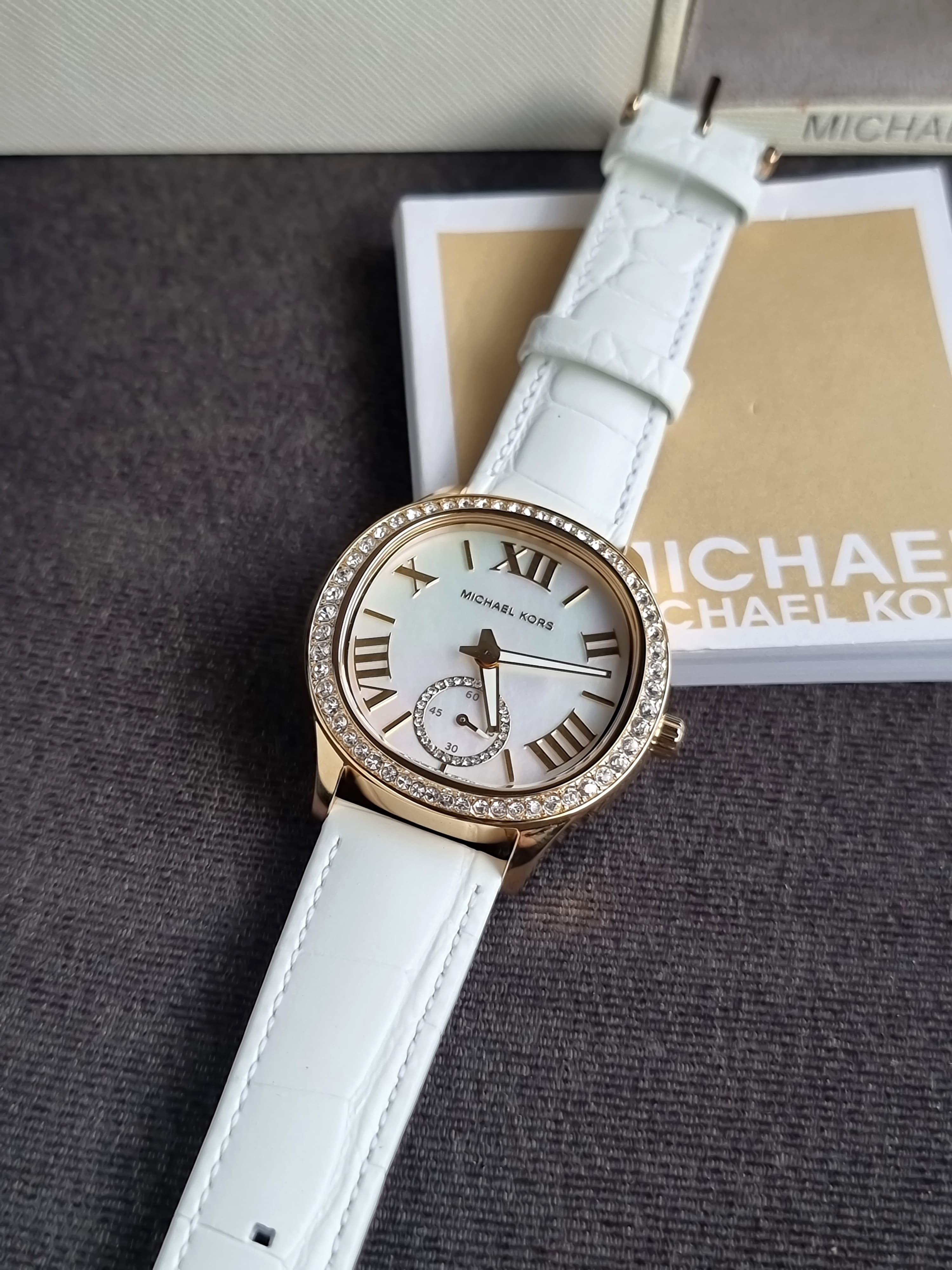 Michael Kors Sage Three-Hand White Croco Embossed Leather Watch- Mk4818