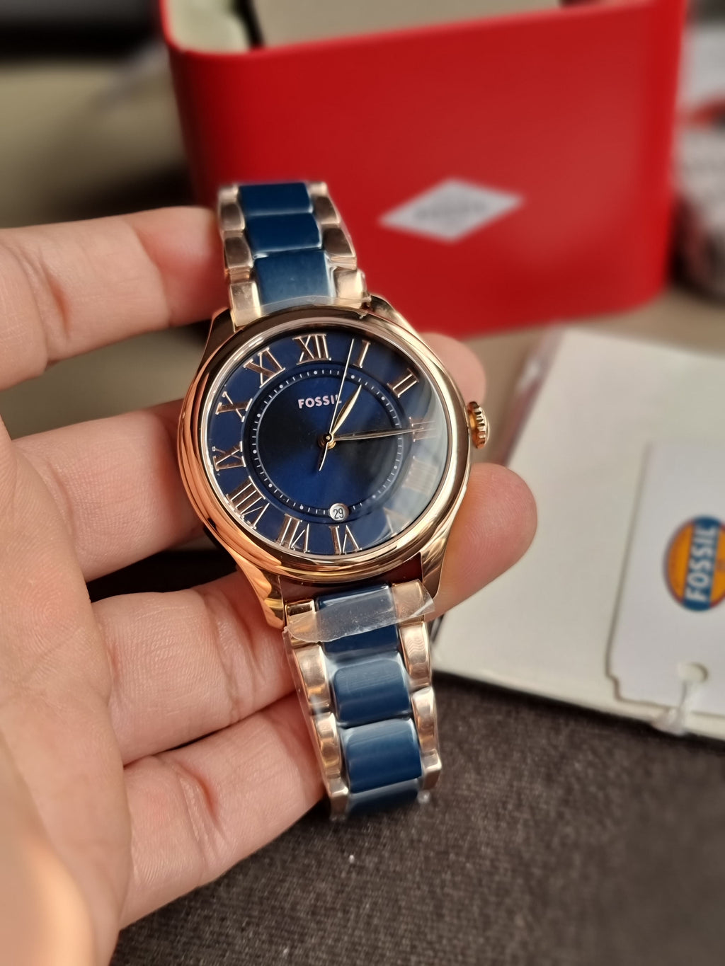 Fossil Gilmore Three-Hand Date Rose Gold-Ton Navy Ceramic Watch CE1134