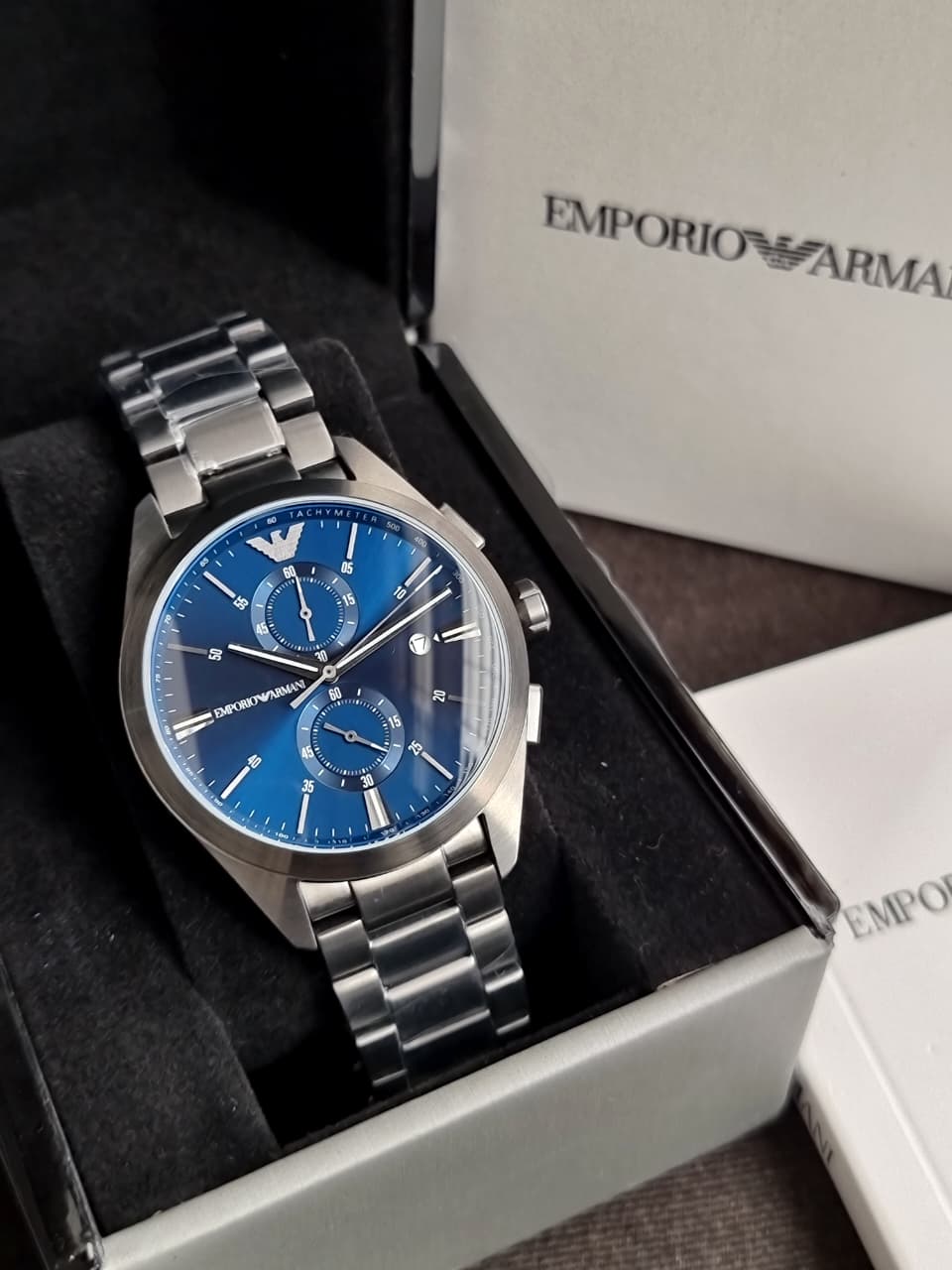 Emporio Armani Claudio Silver Stainless Steel Blue Dial Chronograph Quartz Watch for Gents - AR11541
