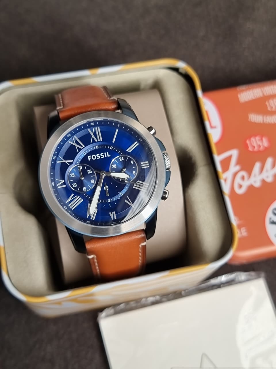 Fossil Men’s Chronograph Quartz Brown Leather Strap Blue Dial 44mm Watch FS5151