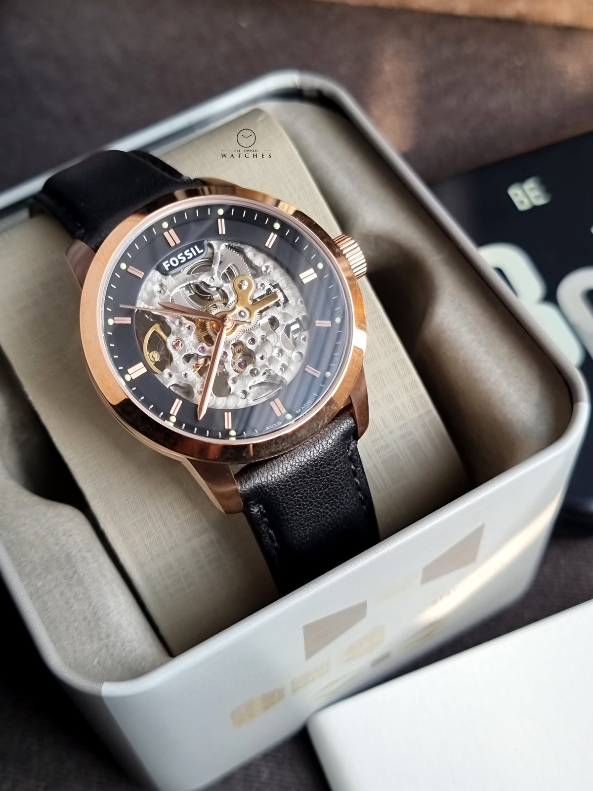 Fossil Townsman Black Leather Strap Skeleton Dial Automatic Watch for Gents - ME3084