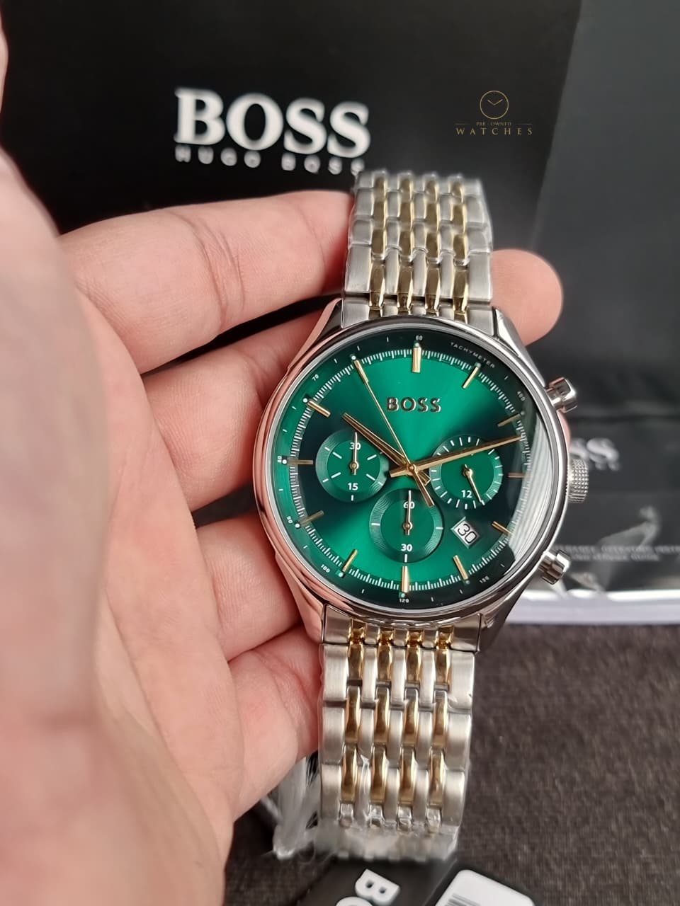 Hugo Boss Men’s Quartz Two-tone Stainless Steel Green Dial 45mm Watch 1514081