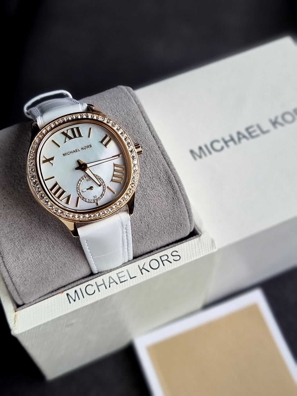 Michael Kors Sage Three-Hand White Croco Embossed Leather Watch- Mk4818