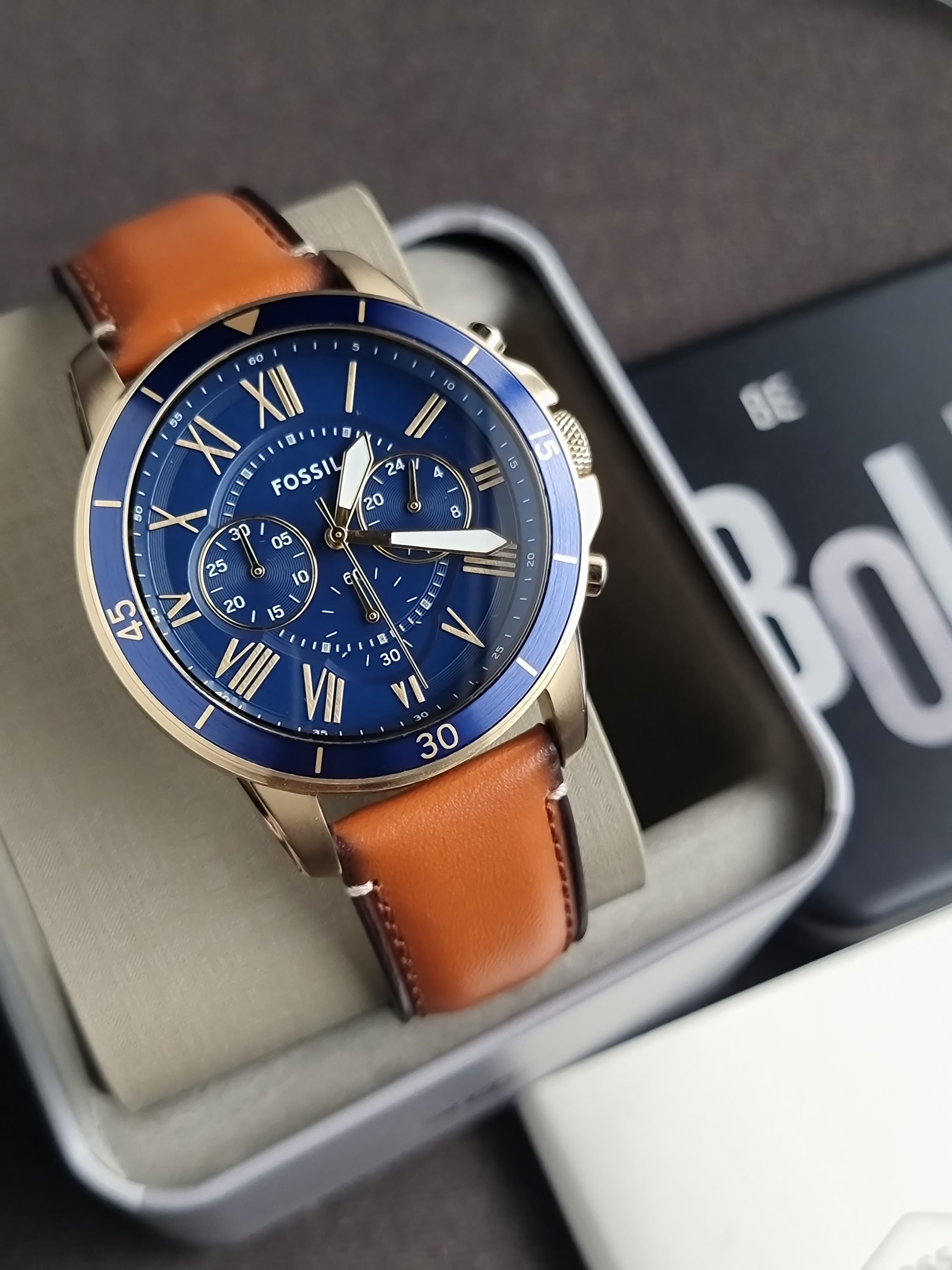 Fossil Grant Sport Brown Leather Strap Blue Dial Chronograph Quartz Watch for Gents - FS5268