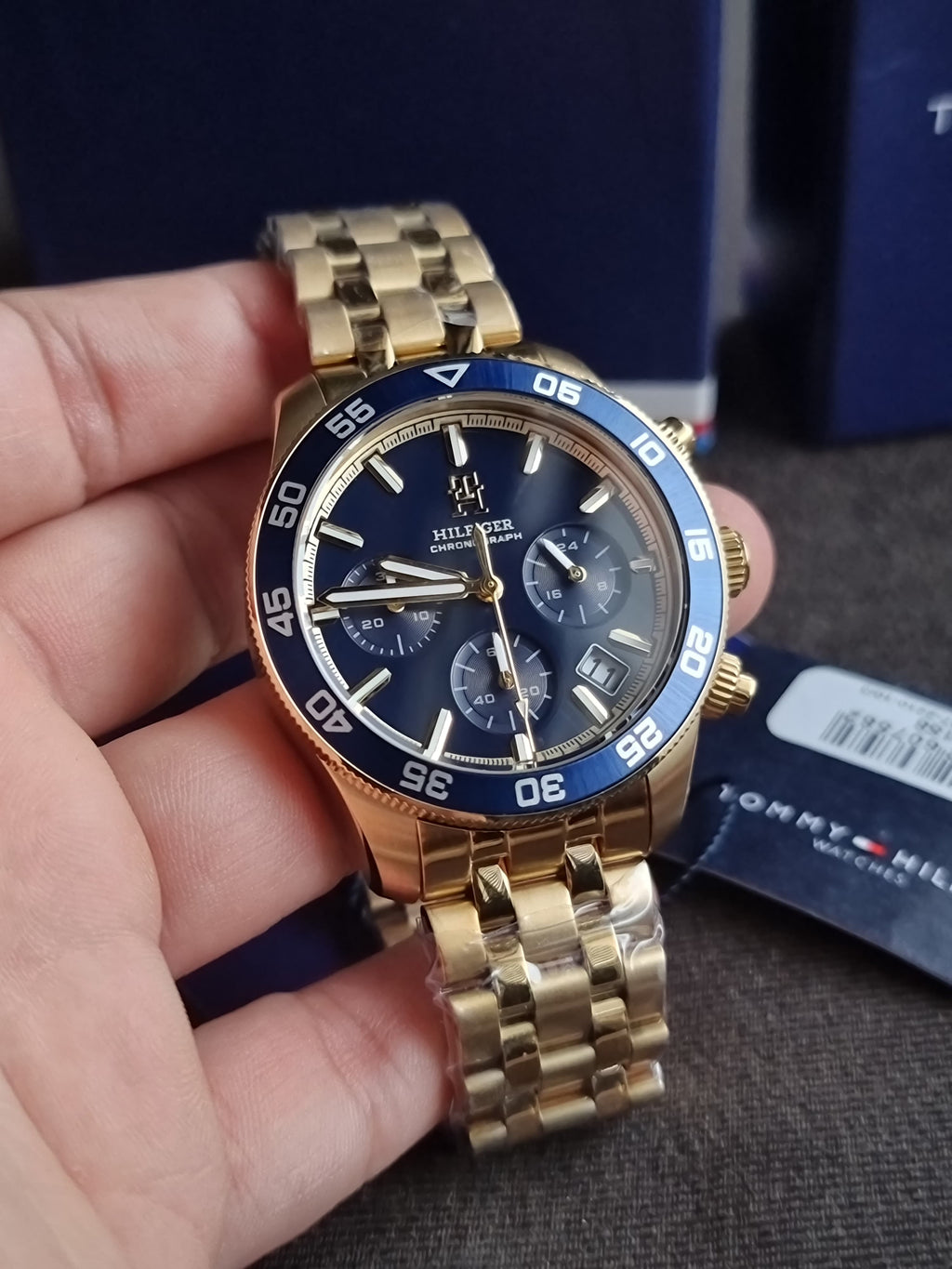 Tommy Hilfiger Gold Stainless Steel Blue 41mm Dial Chronograph Quartz Watch for Gents - 1792158