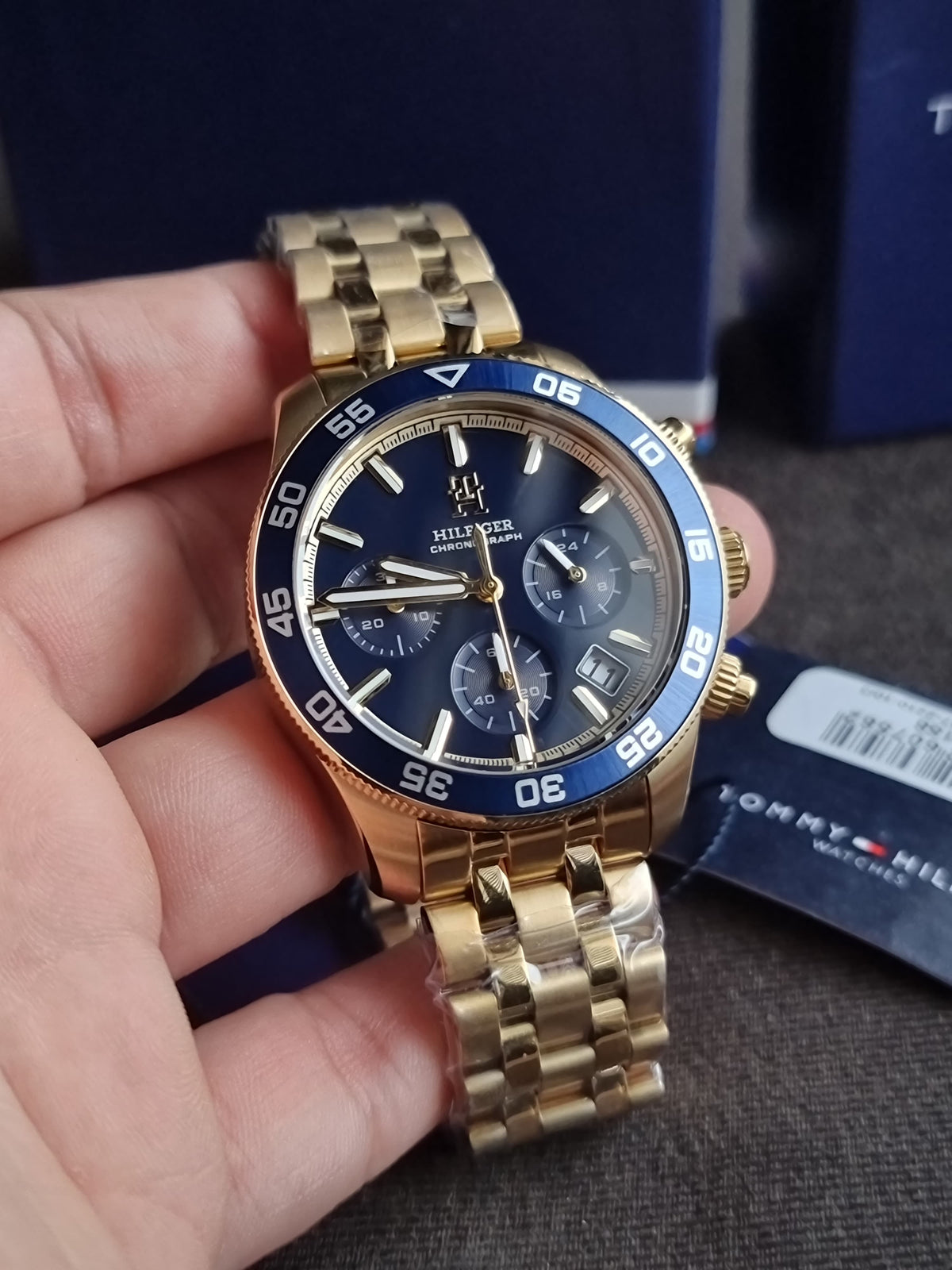 Tommy Hilfiger Gold Stainless Steel Blue 41mm Dial Chronograph Quartz Watch for Gents - 1792158