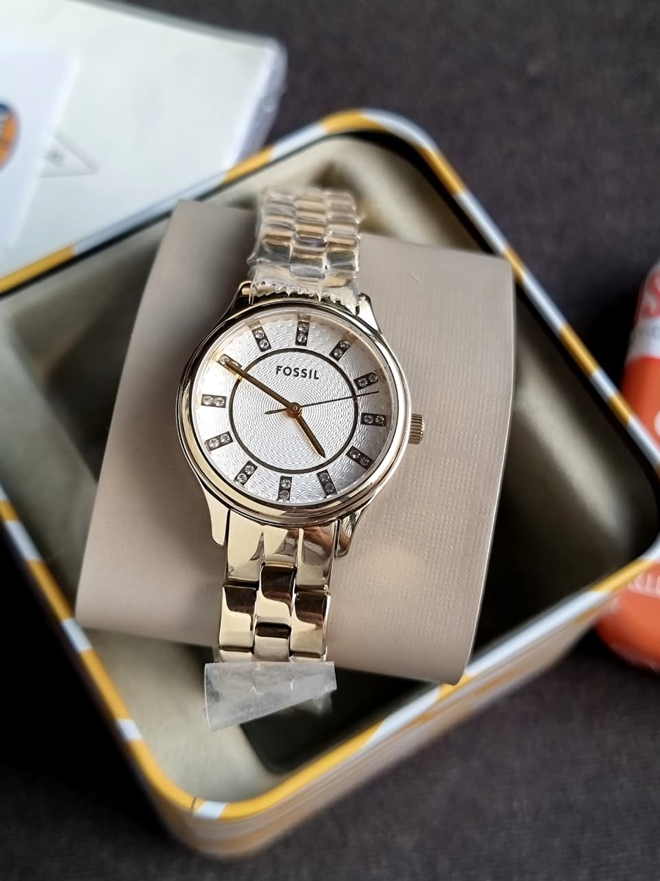 Fossil Women’s Quartz Gold Stainless Steel Silver Dial 30mm Watch BQ3916