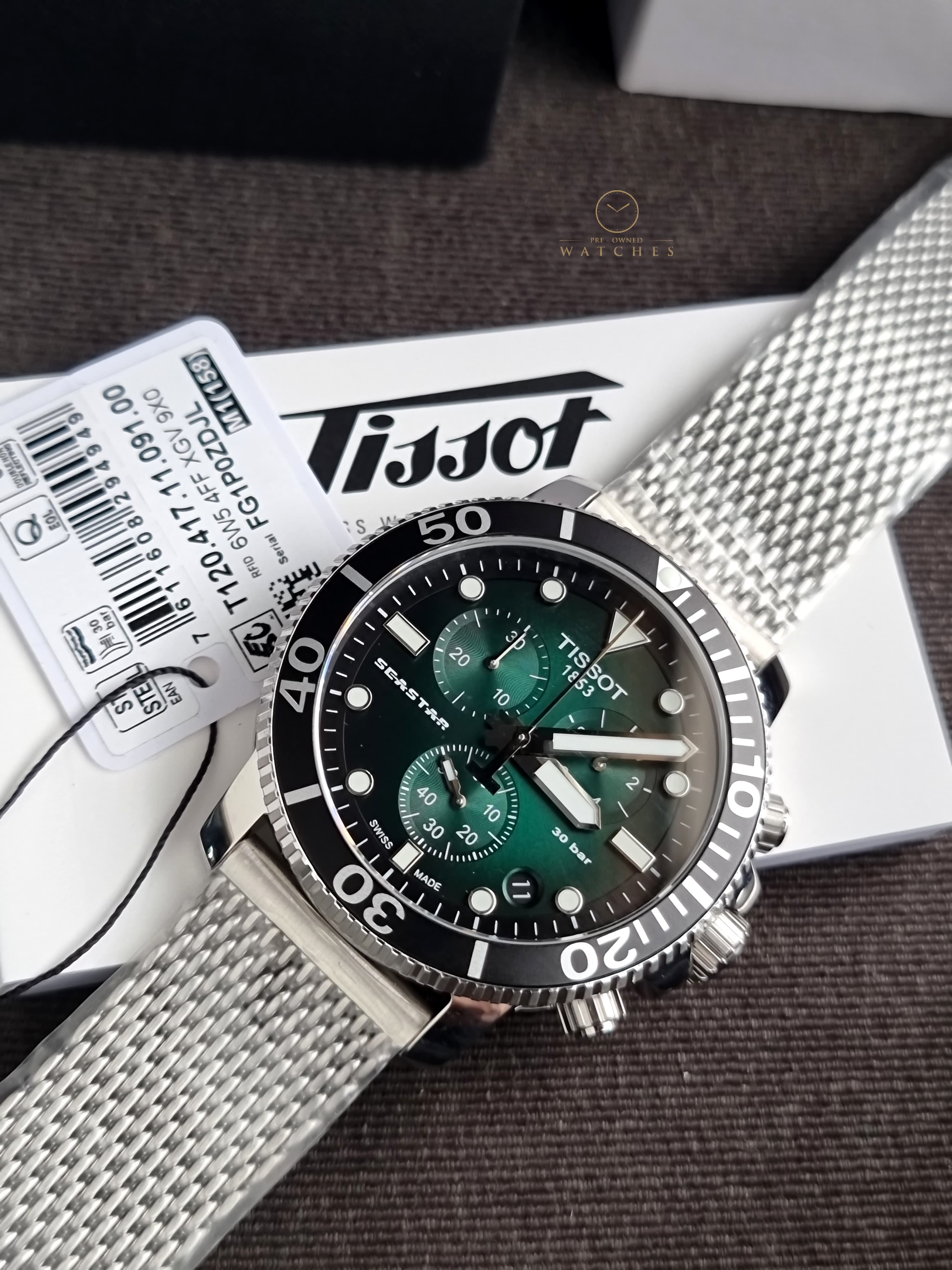Tissot Seastar Silver Mesh Bracelet Green 45mm Dial Chronograph Quartz Watch for Men's - T120.417.11.091.00