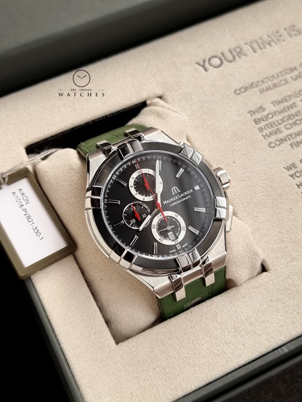 Maurice Lacroix Gent's AIKON Green Leather Chronograph Watch, 44mm : AI1018-PVB21-330-