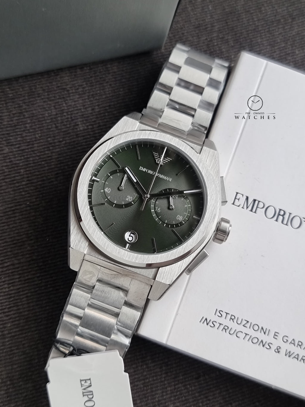 Emporio Armani Federico Silver Stainless Steel 43mm Green Dial Quartz Watch for Gents - AR11640