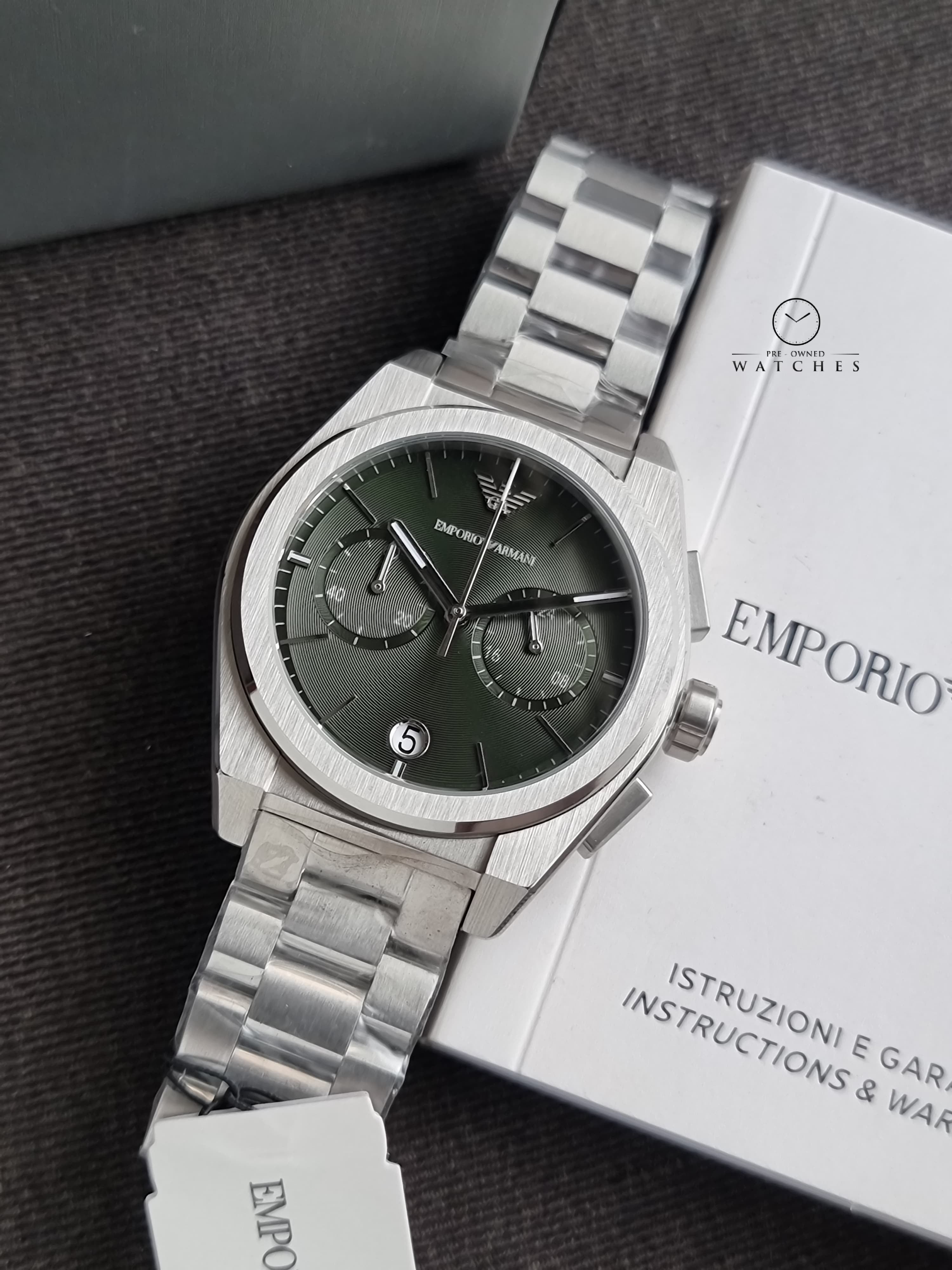 Emporio Armani Federico Silver Stainless Steel 43mm Green Dial Quartz Watch for Gents - AR11640