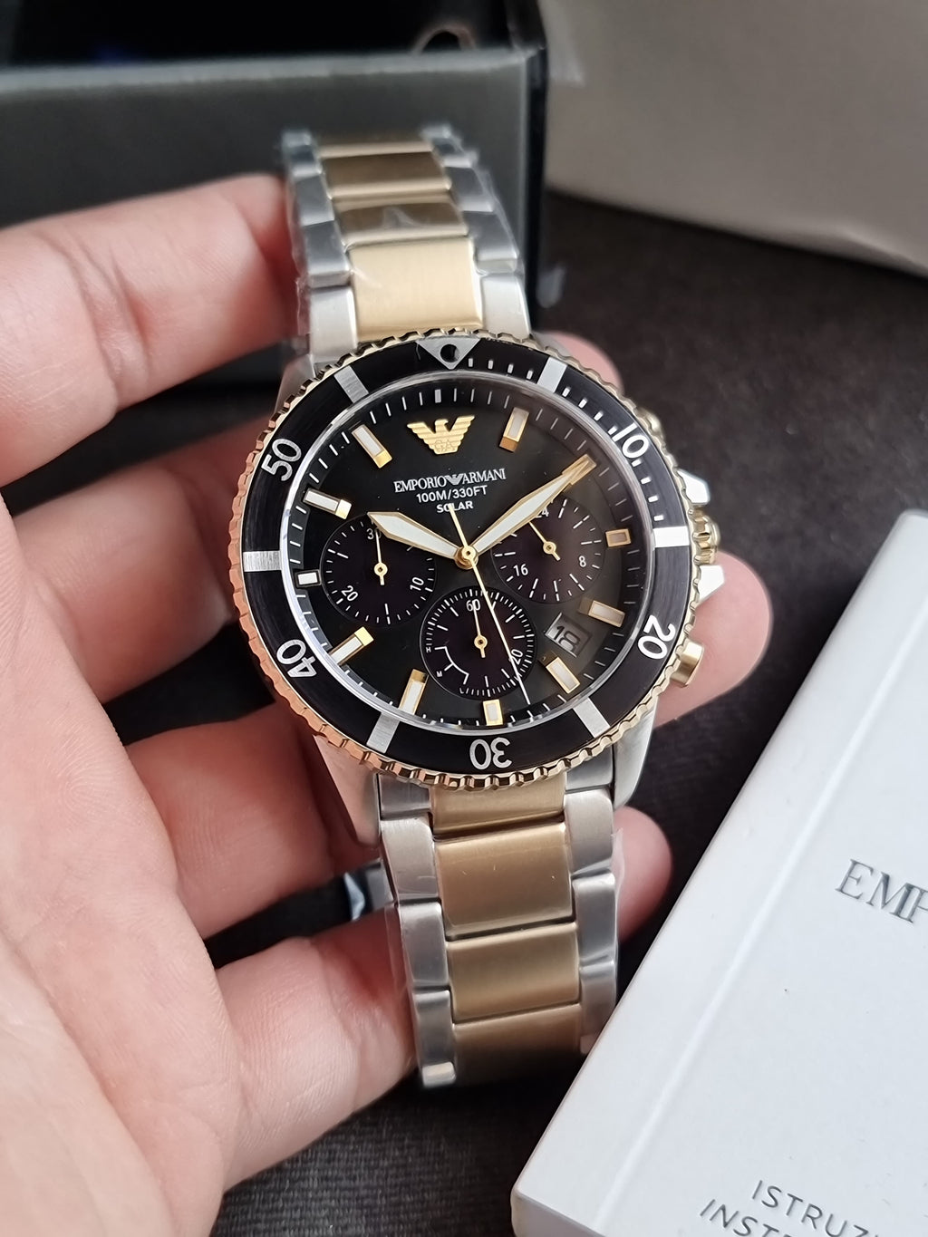 Emporio Armani Two-tone Stainless Steel Black Dial Quartz Watch for Gents - A11680