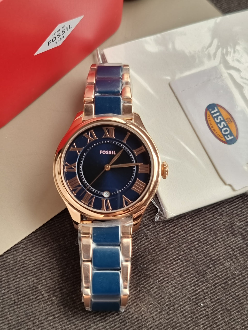Fossil Gilmore Three-Hand Date Rose Gold-Ton Navy Ceramic Watch CE1134