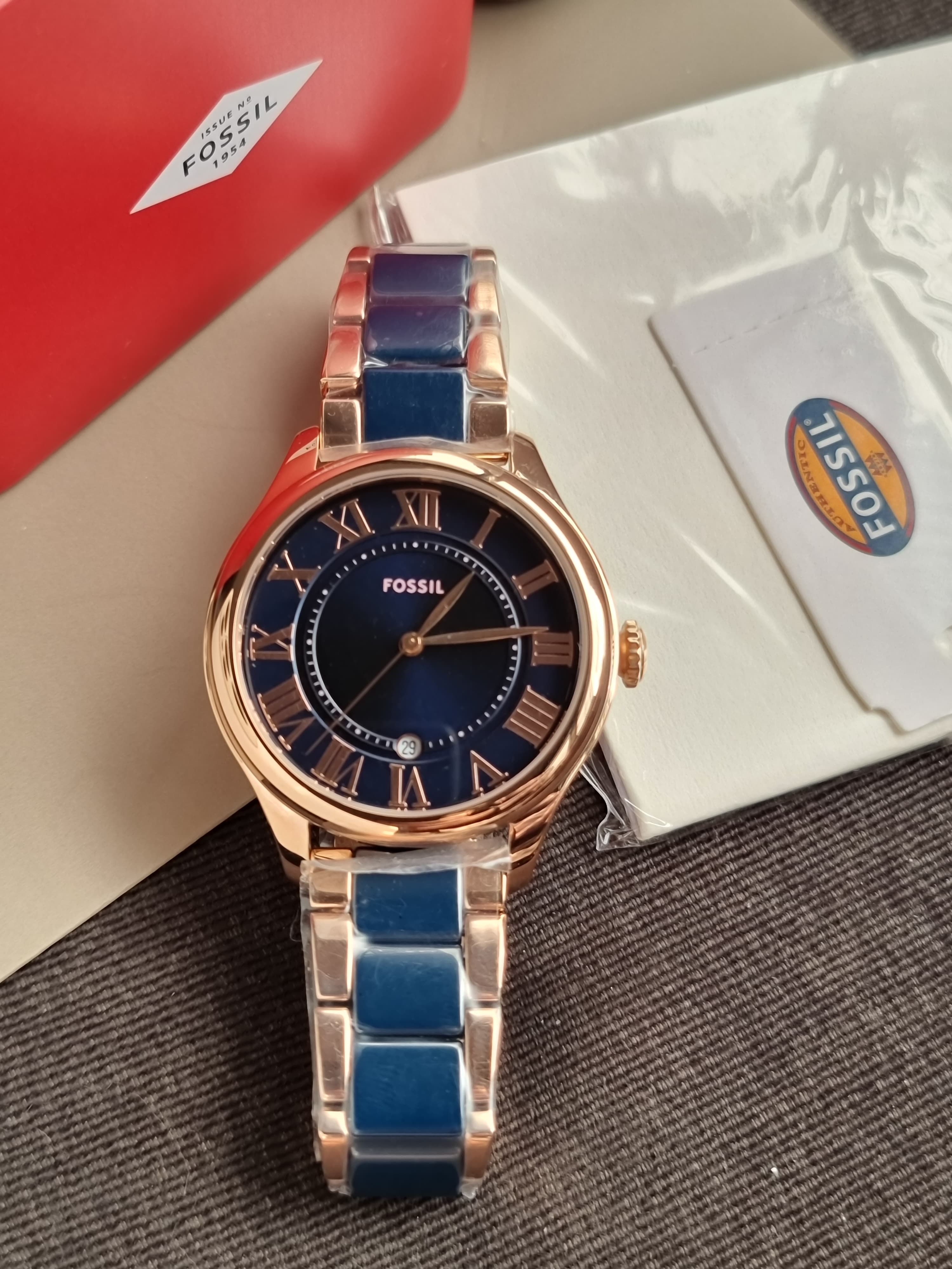 Fossil Gilmore Three-Hand Date Rose Gold-Ton Navy Ceramic Watch CE1134