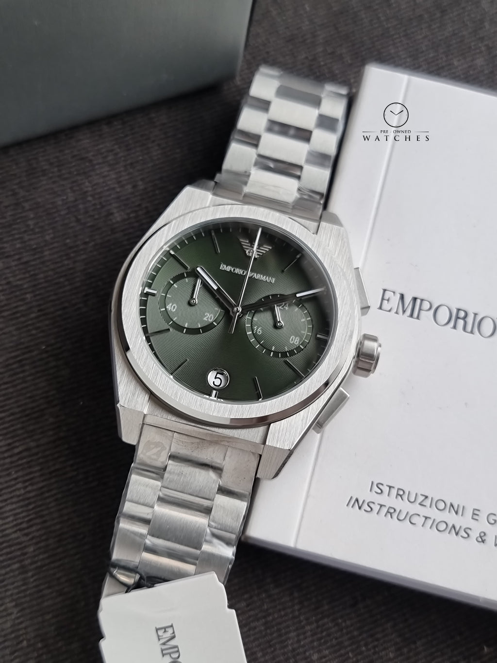 Emporio Armani Federico Silver Stainless Steel 43mm Green Dial Quartz Watch for Gents - AR11640