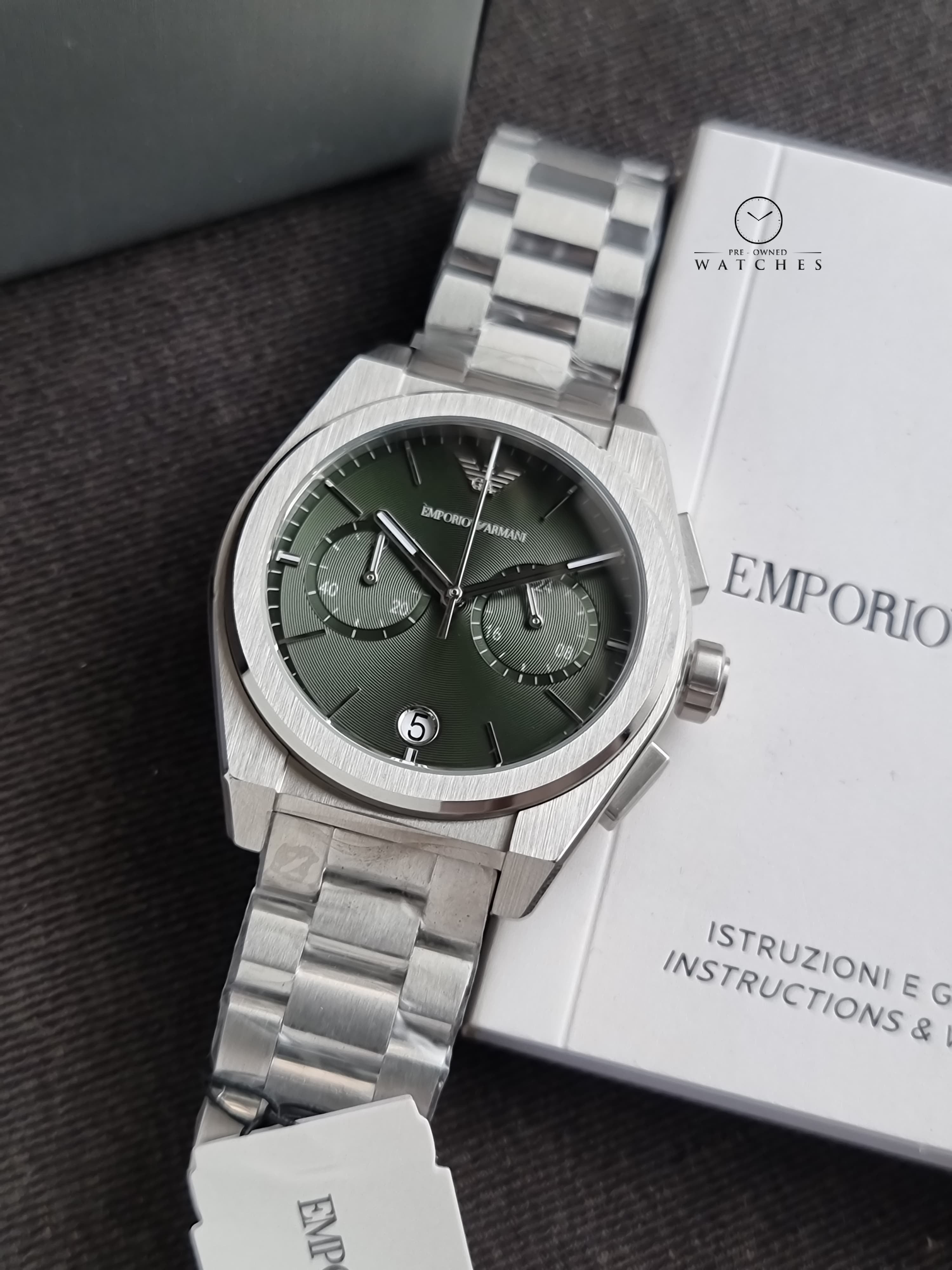 Emporio Armani Federico Silver Stainless Steel 43mm Green Dial Quartz Watch for Gents - AR11640