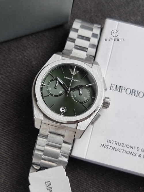 Emporio Armani Federico Silver Stainless Steel 43mm Green Dial Quartz Watch for Gents - AR11640
