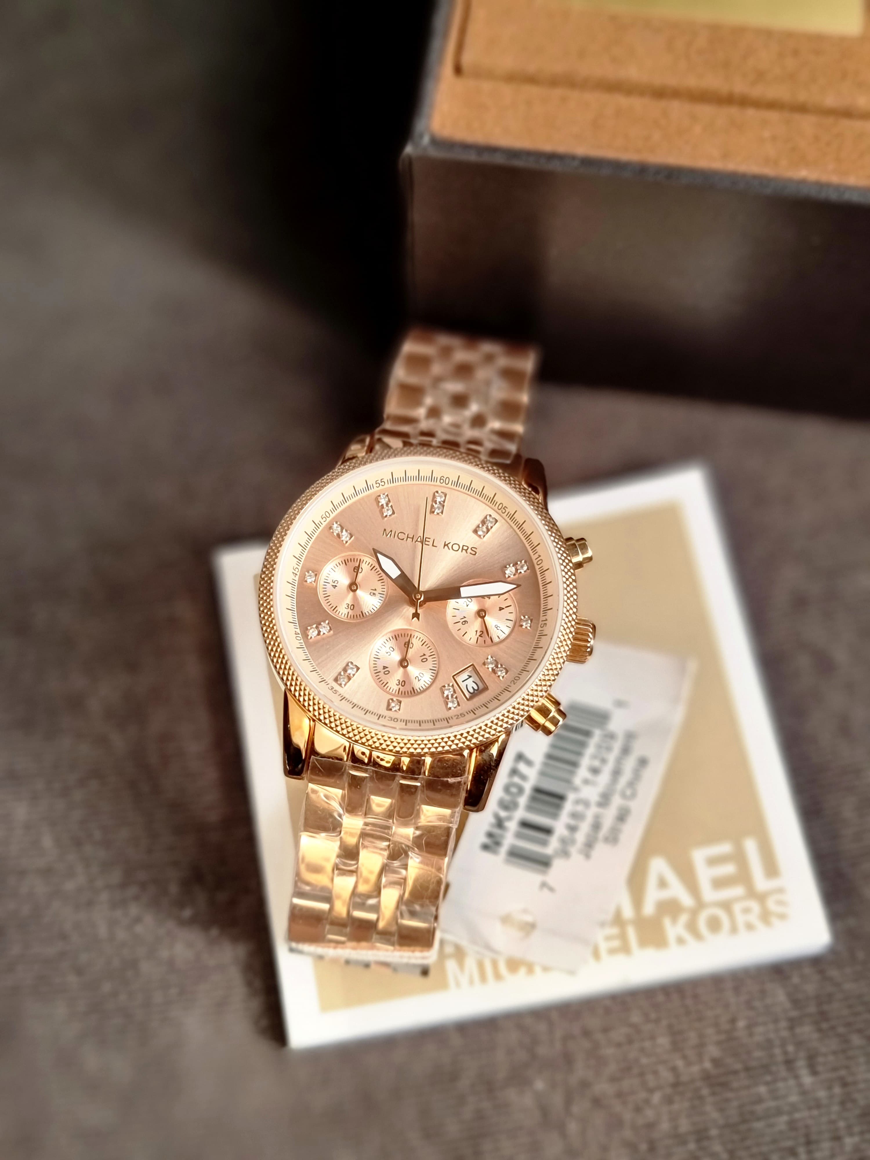 Michael Kors Ritz Chronograph Rose Gold Dial Steel Ladies Watch MK6077