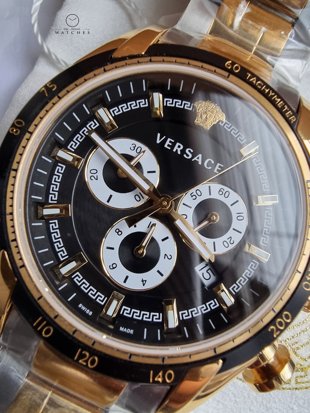 Versace V-Ray Chronograph Black 44mm Dial Two Tone Steel Strap Watch For Men - VE2I00421