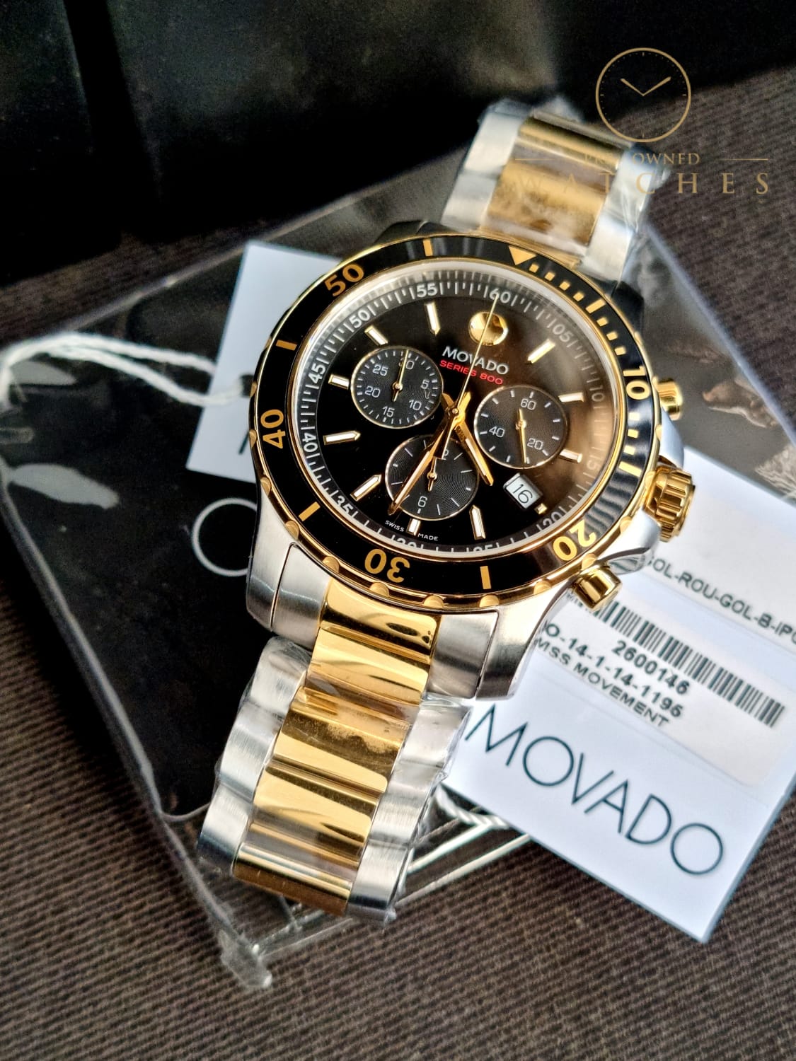 Movado Men's Series 800 2-Tone Chronograph Watch with Printed Index, Gold/Black/Silver 2600146
