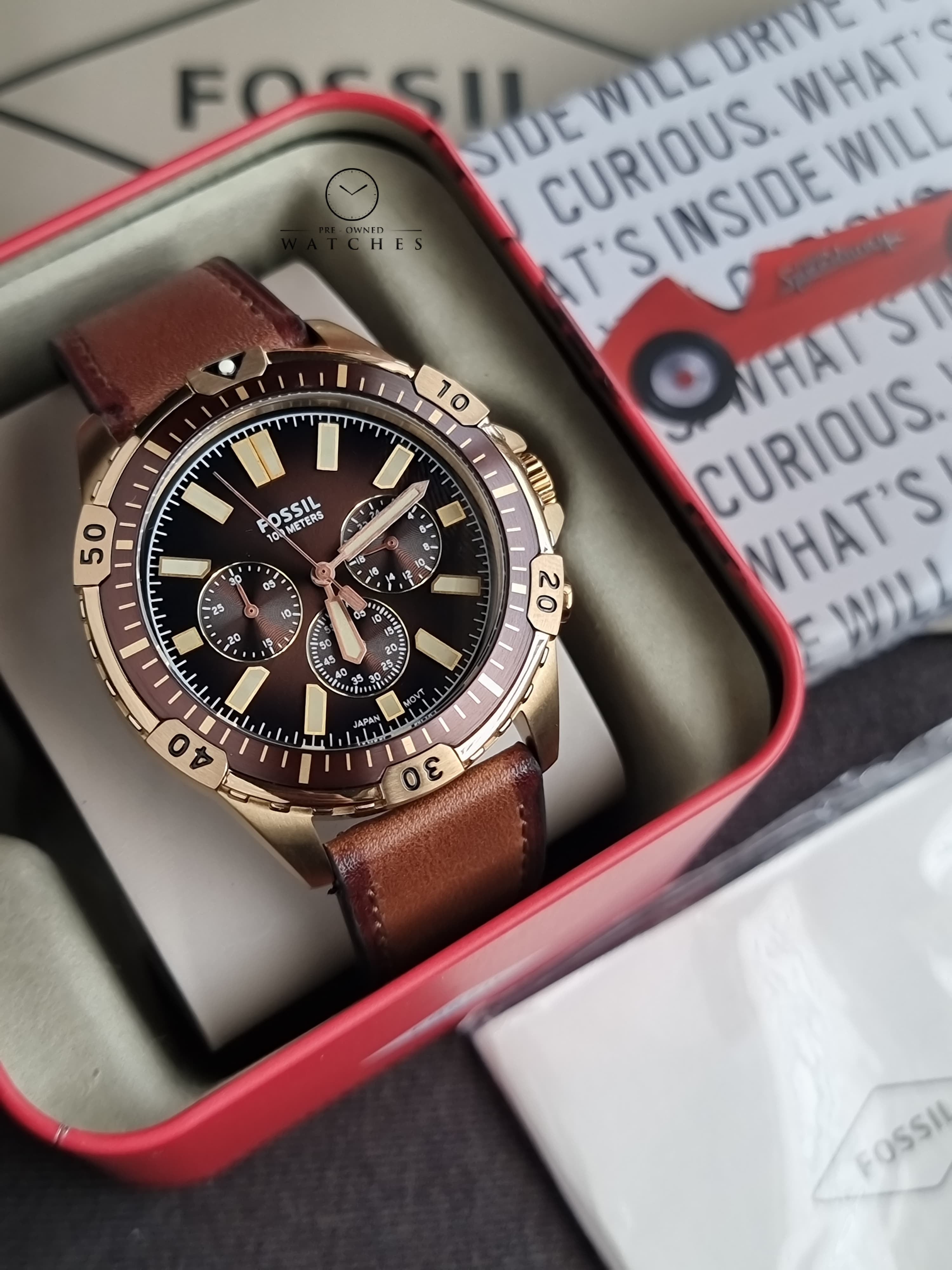 Fossil Garrett Brown Leather Strap Brown Dial Chronograph Quartz Watch for Gents - FS5867