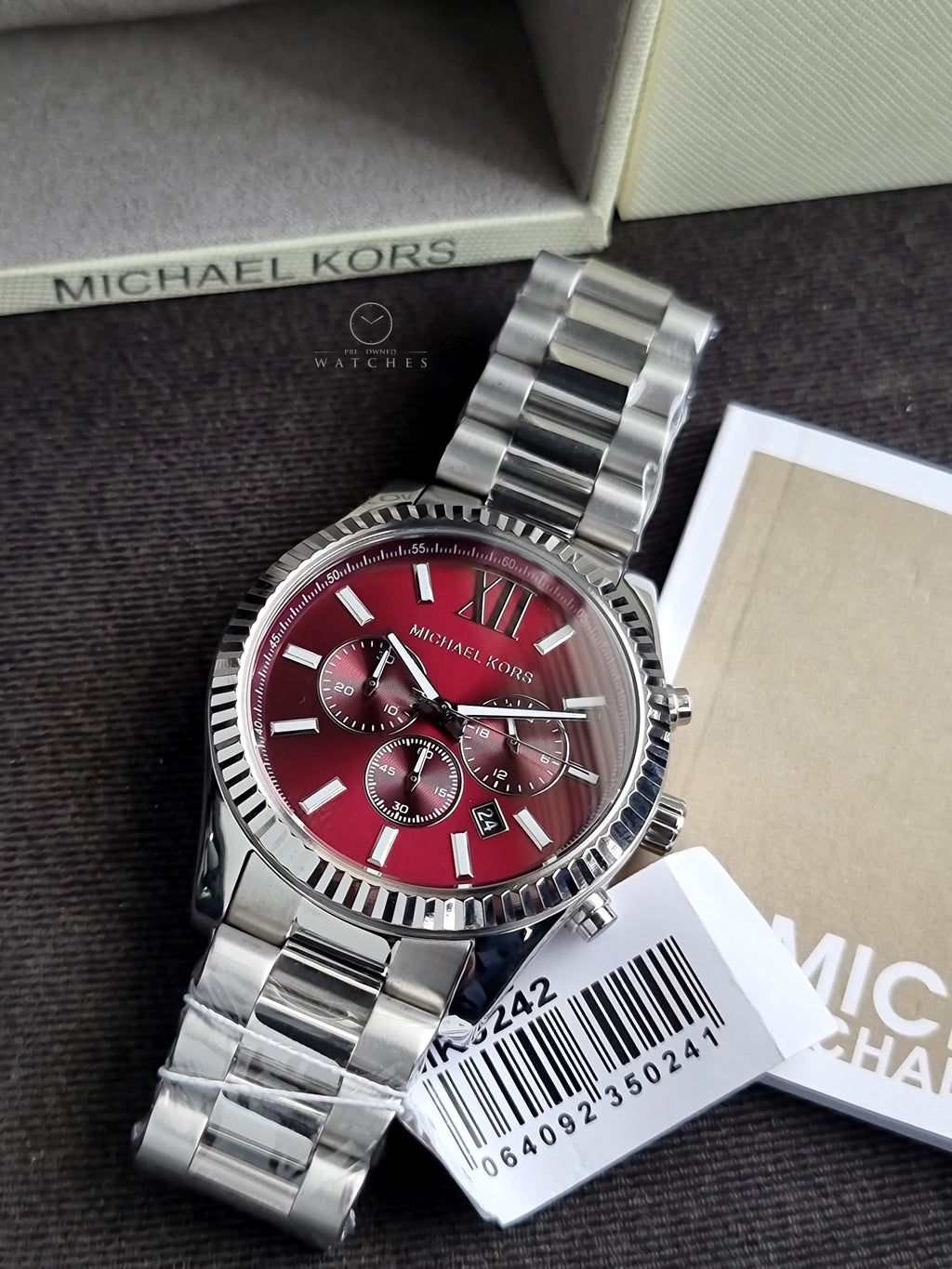 Michael Kors Mens Lexington Silver Chronograph Red 44mm Dial Watch MK9242