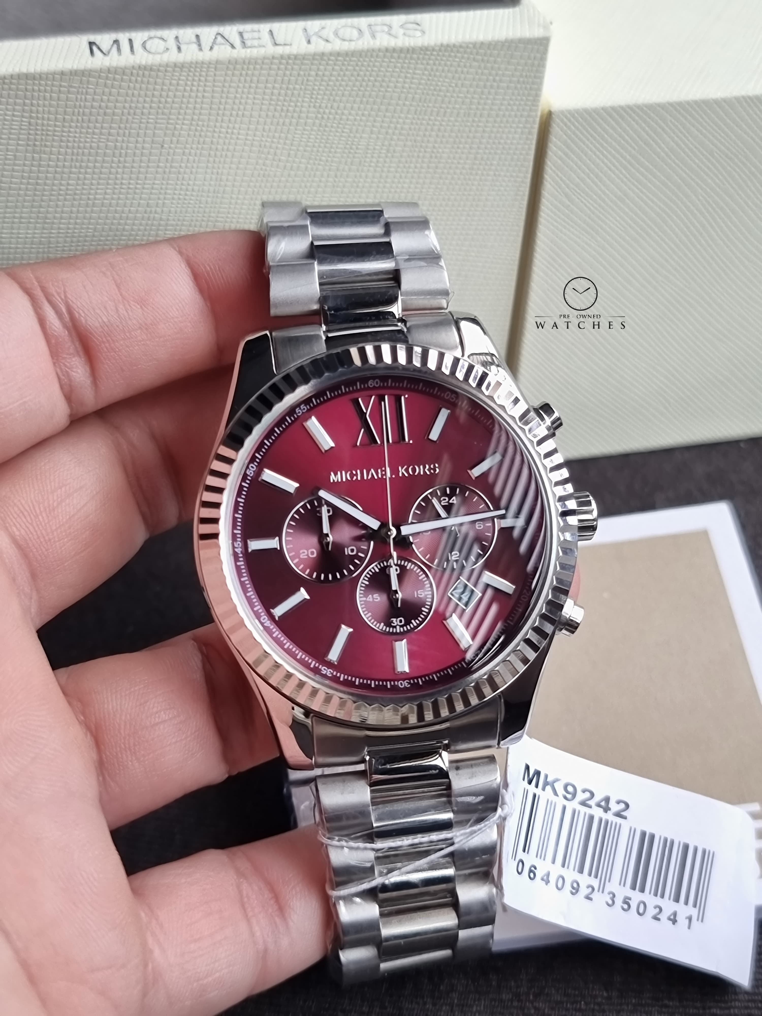Michael Kors Mens Lexington Silver Chronograph Red 44mm Dial Watch MK9242