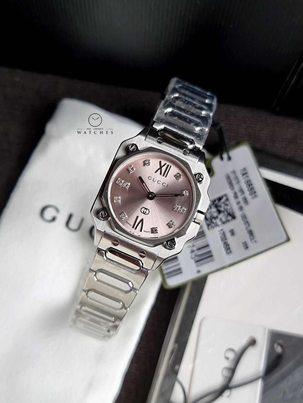 Gucci G-Flat 24mm Pink Dial Diamond Dots Stainless Steel Bracelet Watch- YA166501