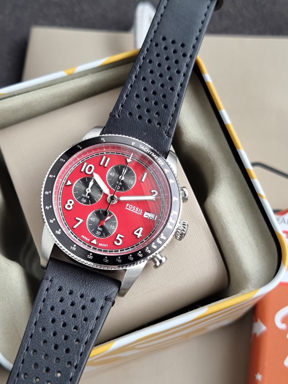 Fossil Sport Tourer 42mm Chronograph Black Leather Watch- FS6086