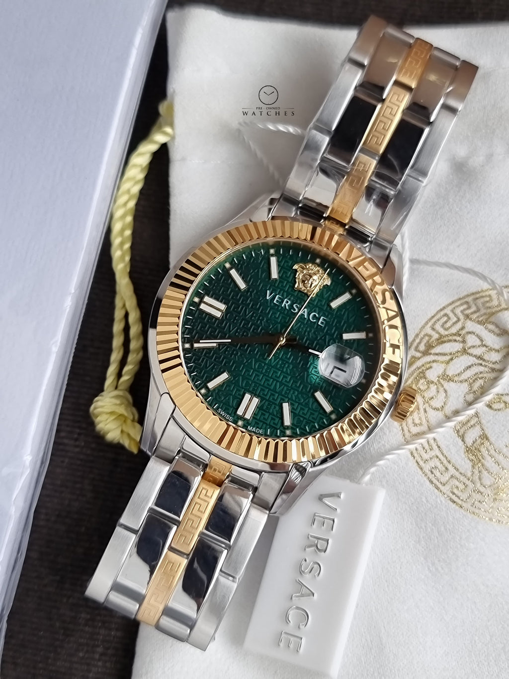 Versace Greca Time Two-tone Stainless Steel Green 41mm Dial Quartz Watch for Gents - VE3K00422