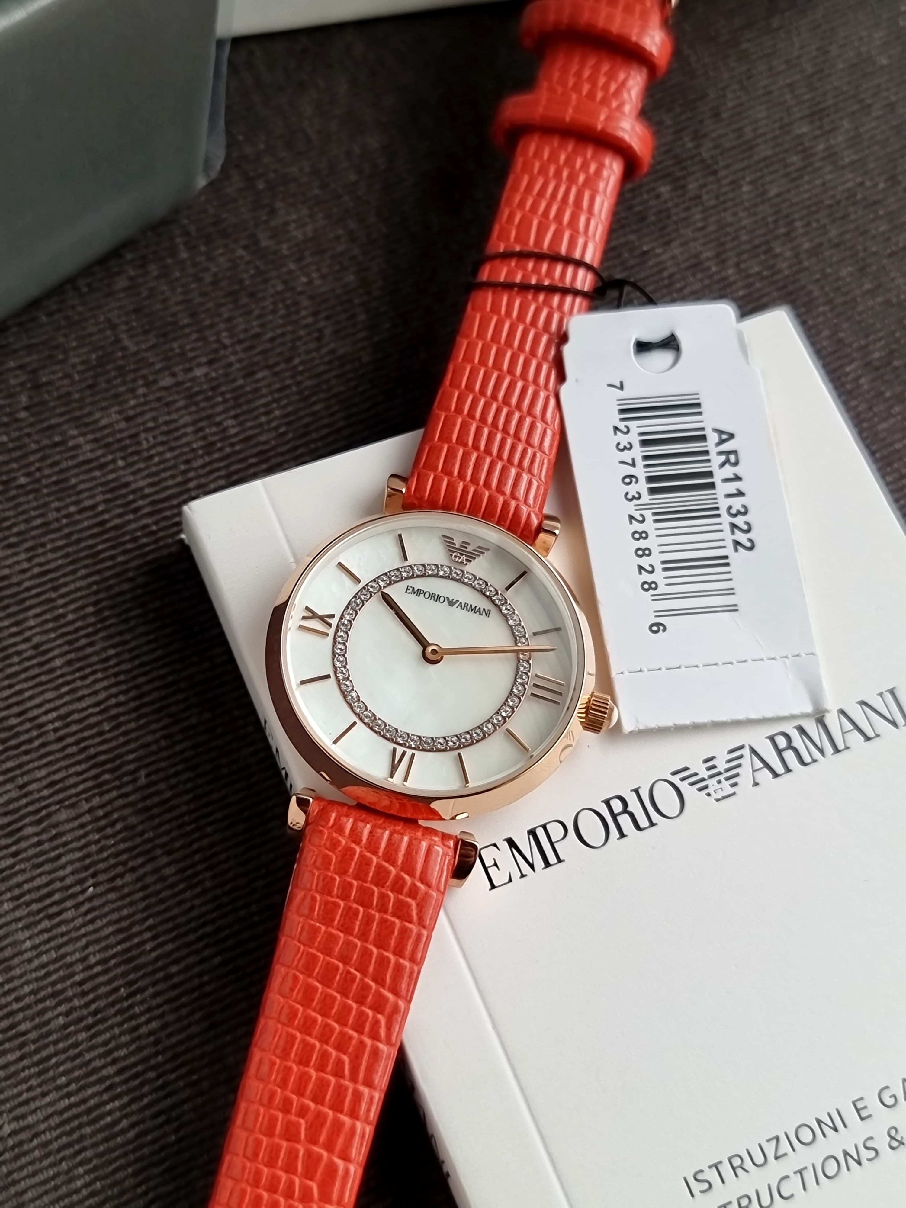 Emporio Armani Gianni T-Bar Red Leather Strap Mother Of Pearl Dial Quartz Watch for Women - AR11322