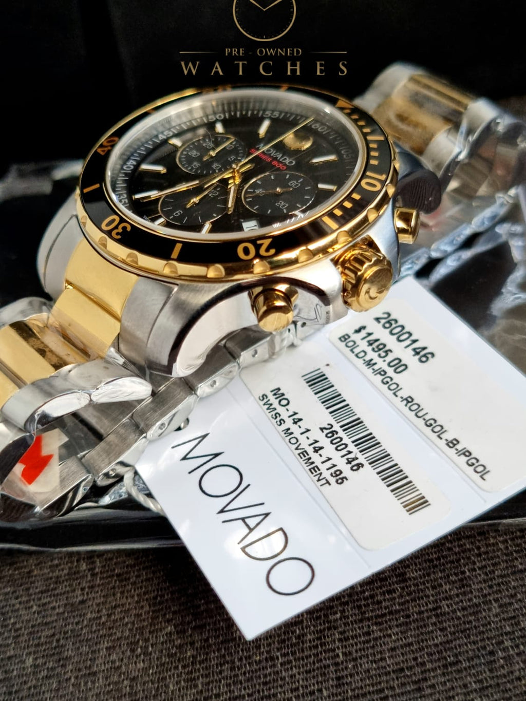 Movado Men's Series 800 2-Tone Chronograph Watch with Printed Index, Gold/Black/Silver 2600146