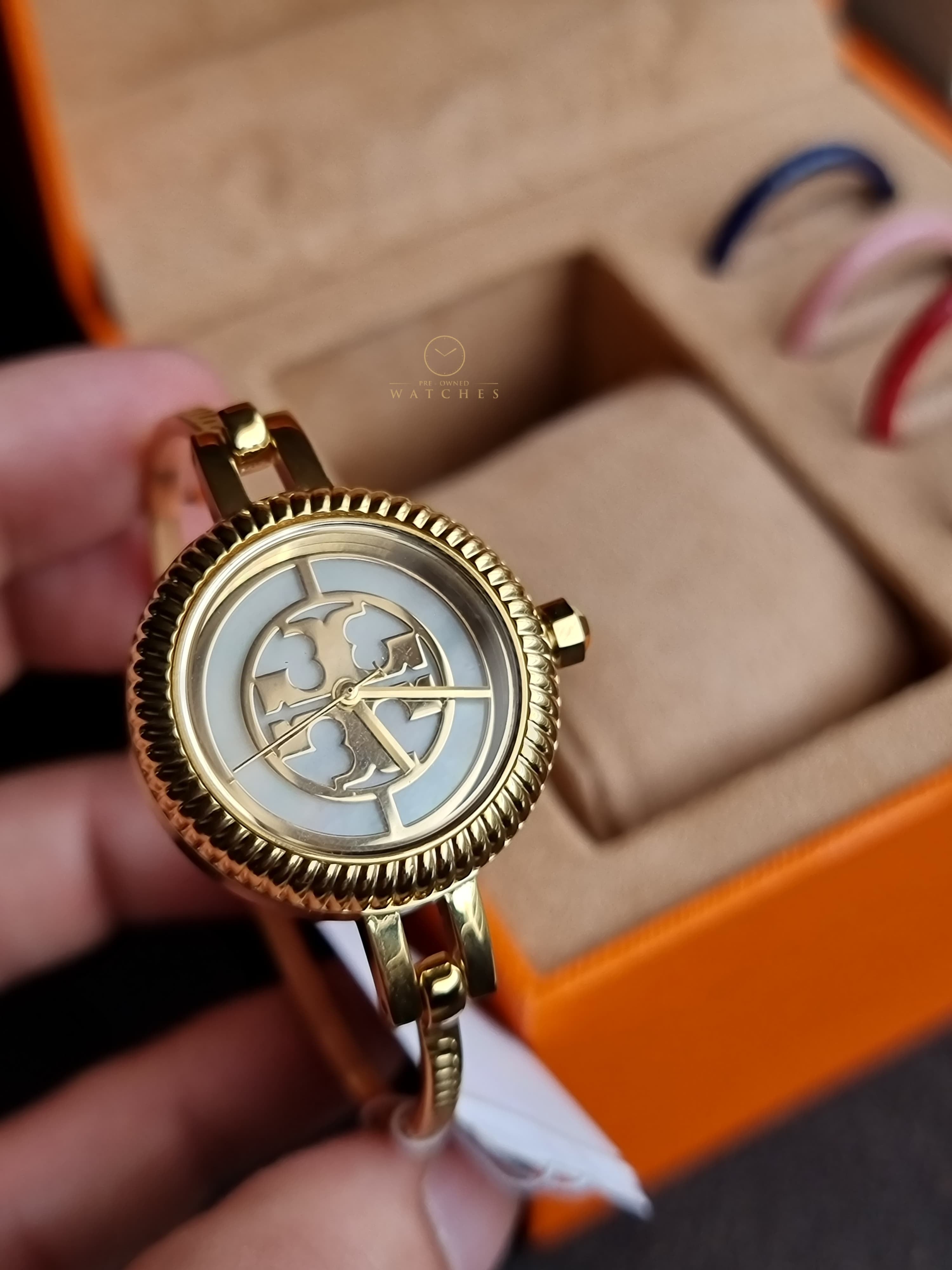 Tory Burch Riva Gold 27mm Dial Gold Steel Strap Watch for Women - TBW4029