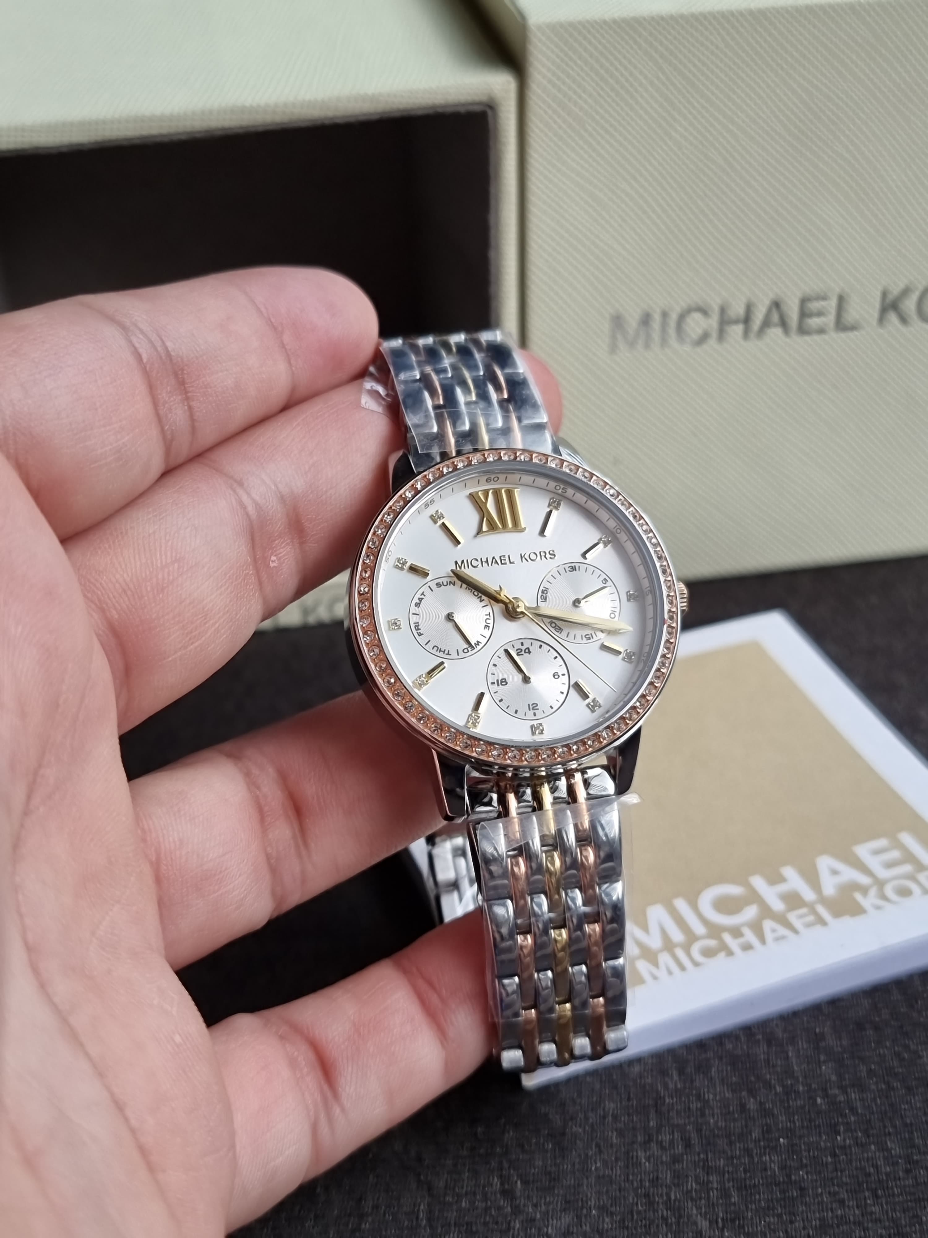 Michael Kors Women’s Quartz Three-Tone Stainless Steel Silver Dial 35mm Watch MKO1117