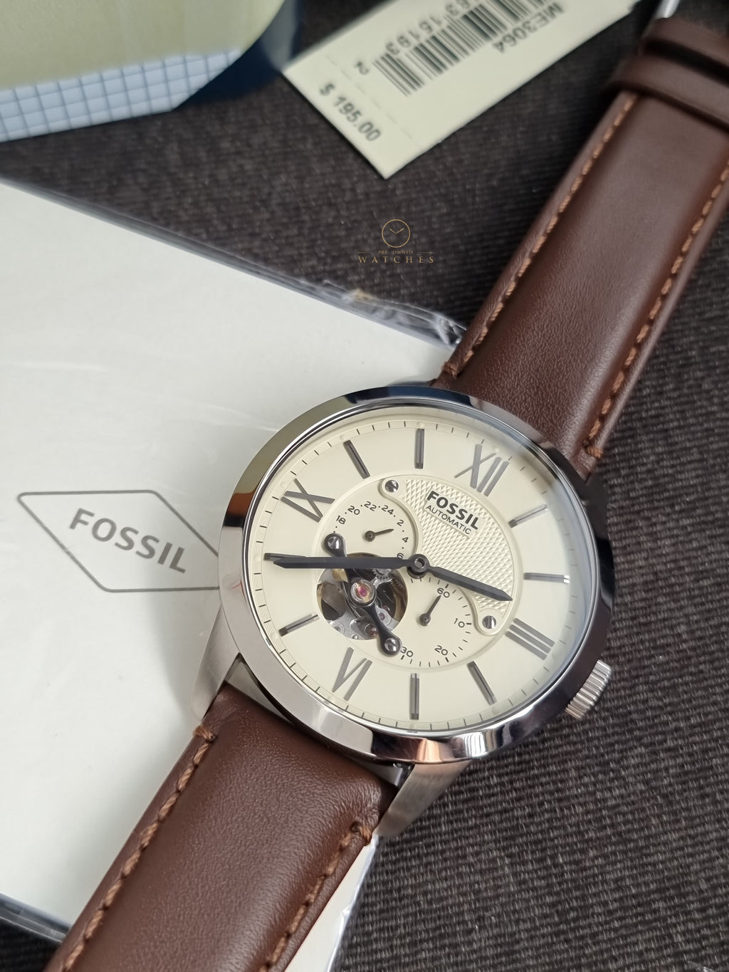 Fossil Men’s Automatic Leather Strap Cream Dial 44mm Watch ME3064