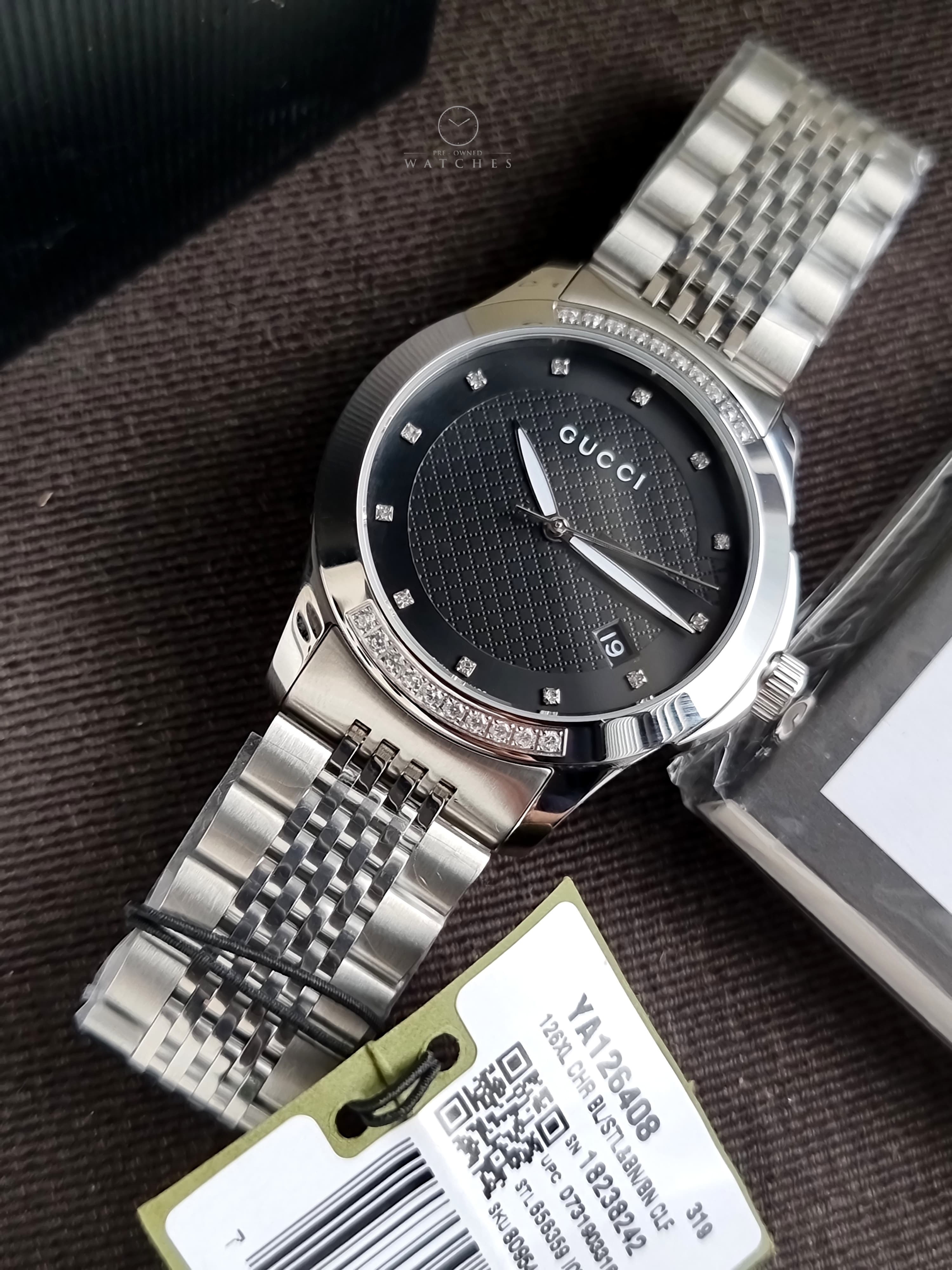 Gucci Men’s Swiss Made Quartz Silver Stainless Steel Black Dial 38mm Watch YA126408