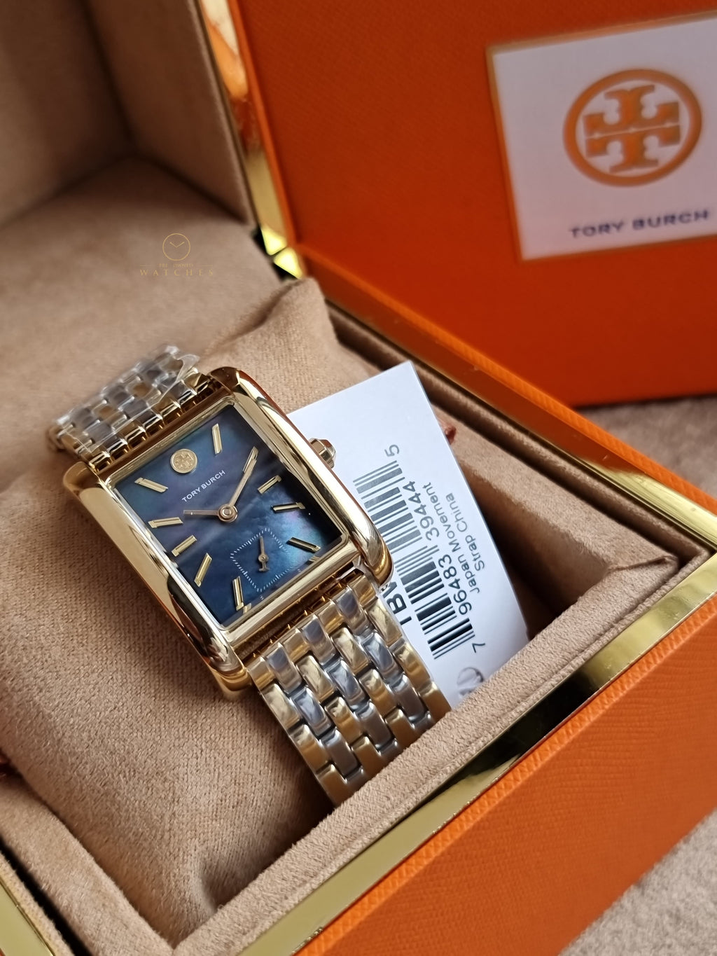 Tory Burch Women’s Quartz Two-Tone Stainless Steel Black Mother Of Pearl Dial 25mm Watch TBW1084