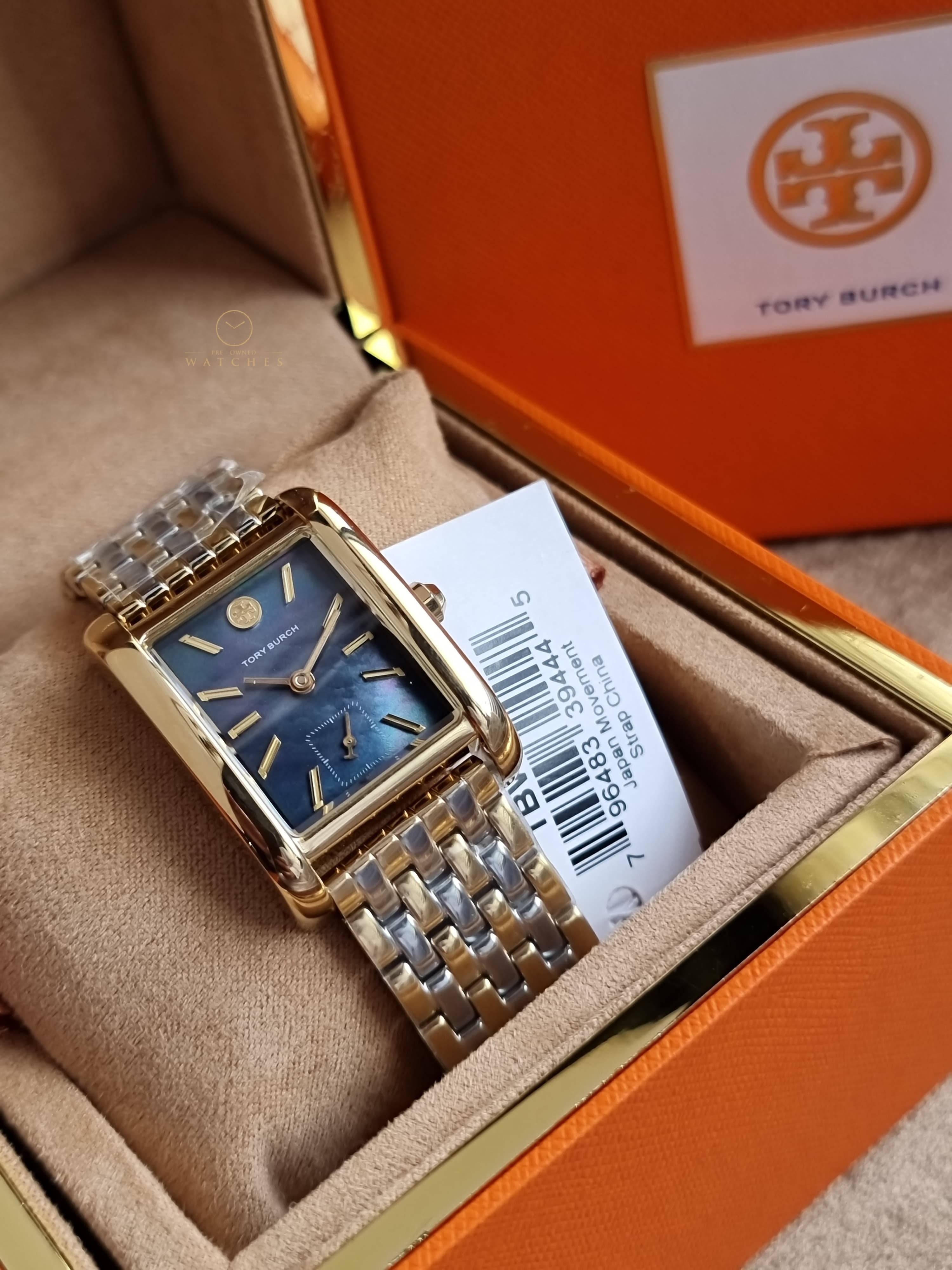 Tory Burch Women’s Quartz Two-Tone Stainless Steel Black Mother Of Pearl Dial 25mm Watch TBW1084