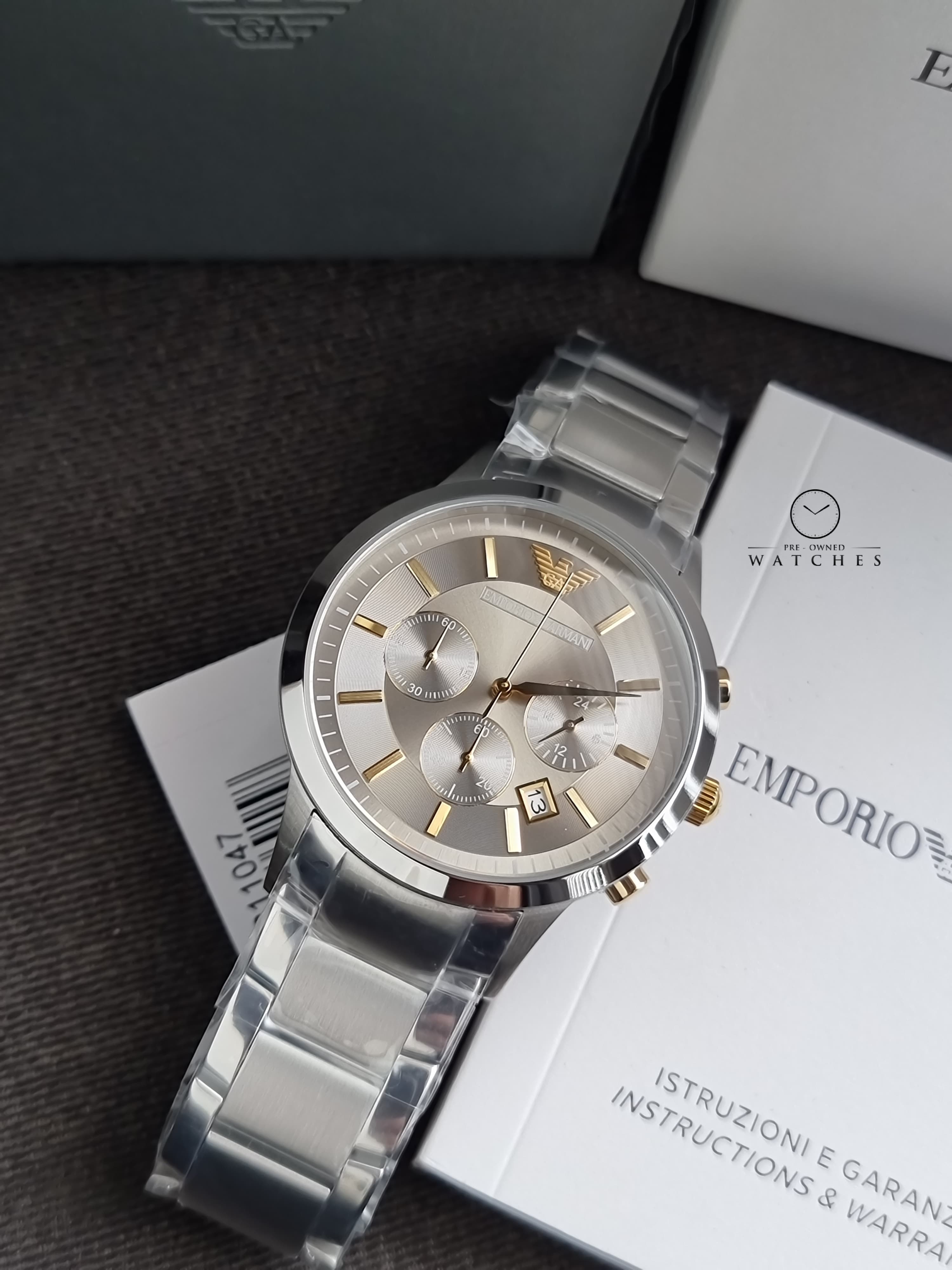 Emporio Armani Classic Silver Stainless Steel Grey Dial Chronograph Quartz Men's Watch  AR11047