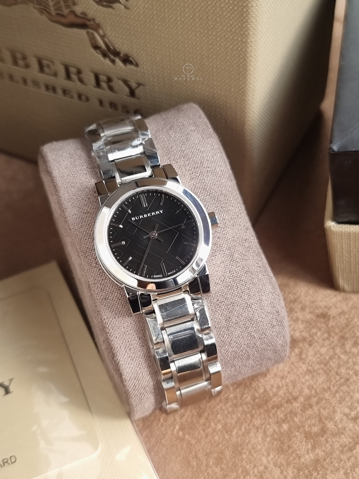 Burberry Women’s Swiss Made Quartz Silver Stainless Steel Black Dial 26mm Watch BU9201