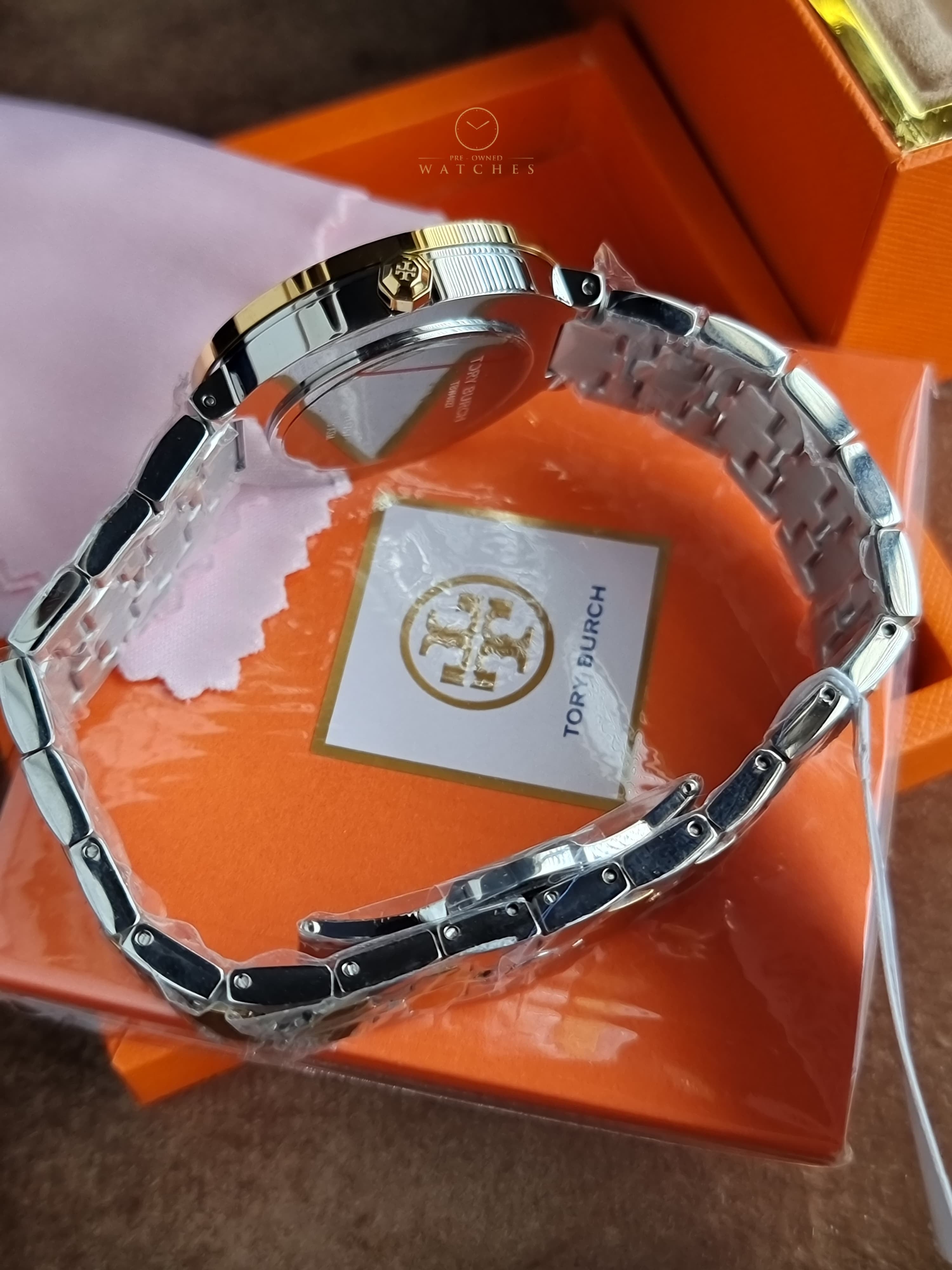 Tory Burch Reva Gold Dial Two Tone Steel Strap Watch for Women - TBW4027