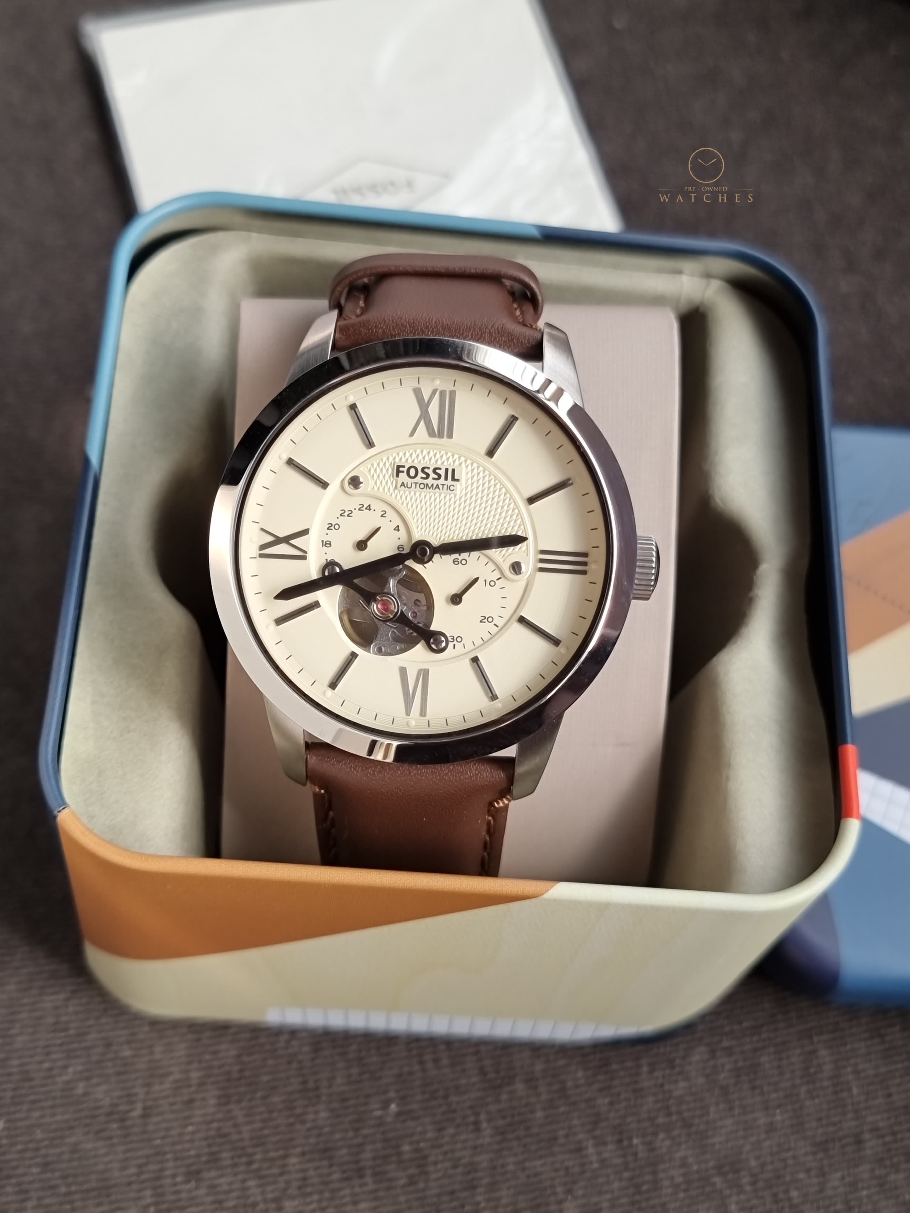 Fossil Men’s Automatic Leather Strap Cream Dial 44mm Watch ME3064